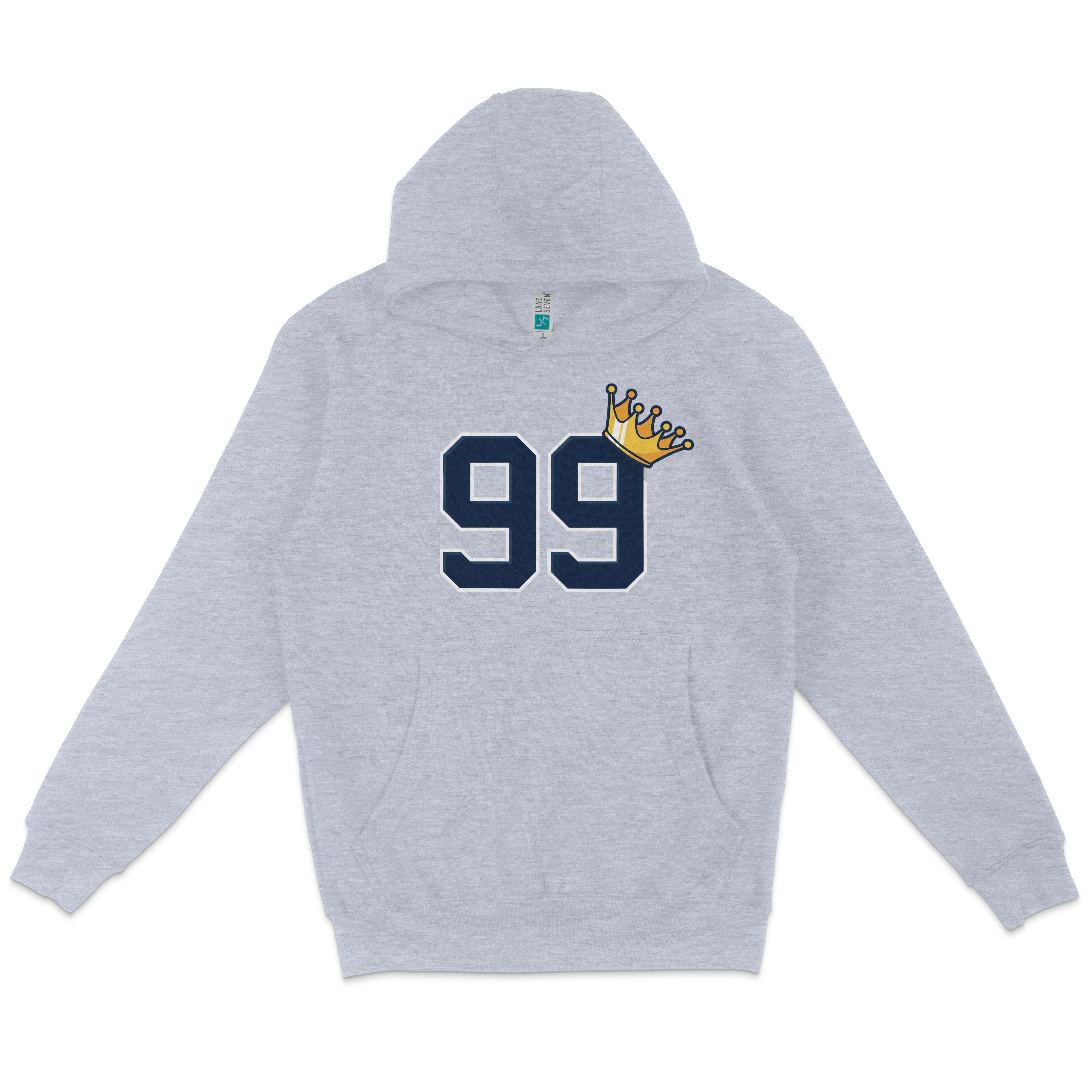 Light gray pullover fleece hoodie featuring a navy "99" with a gold crown graphic on the upper right of the number.