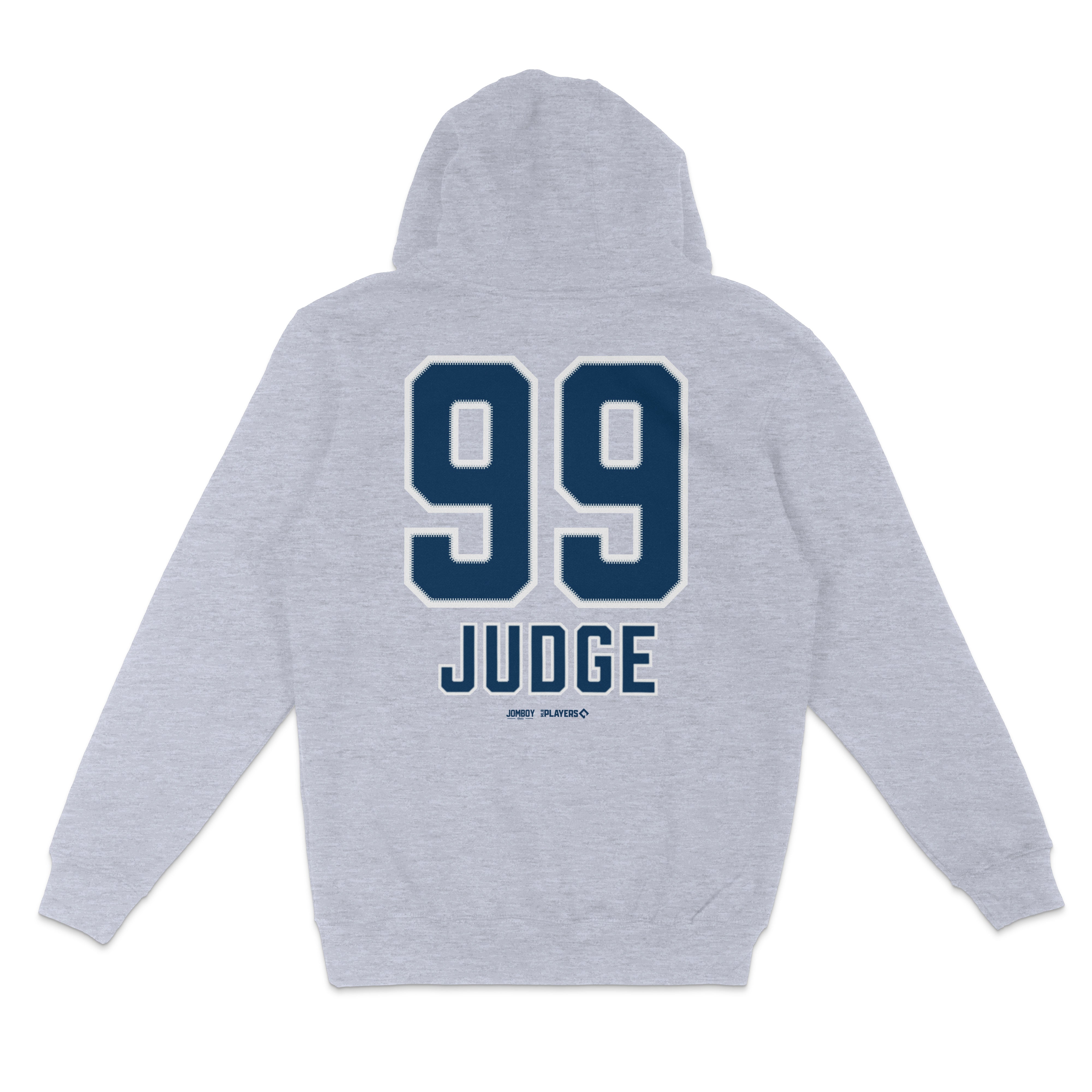 Gray pullover fleece hoodie featuring the number "99" and "JUDGE" printed on the back in navy blue.