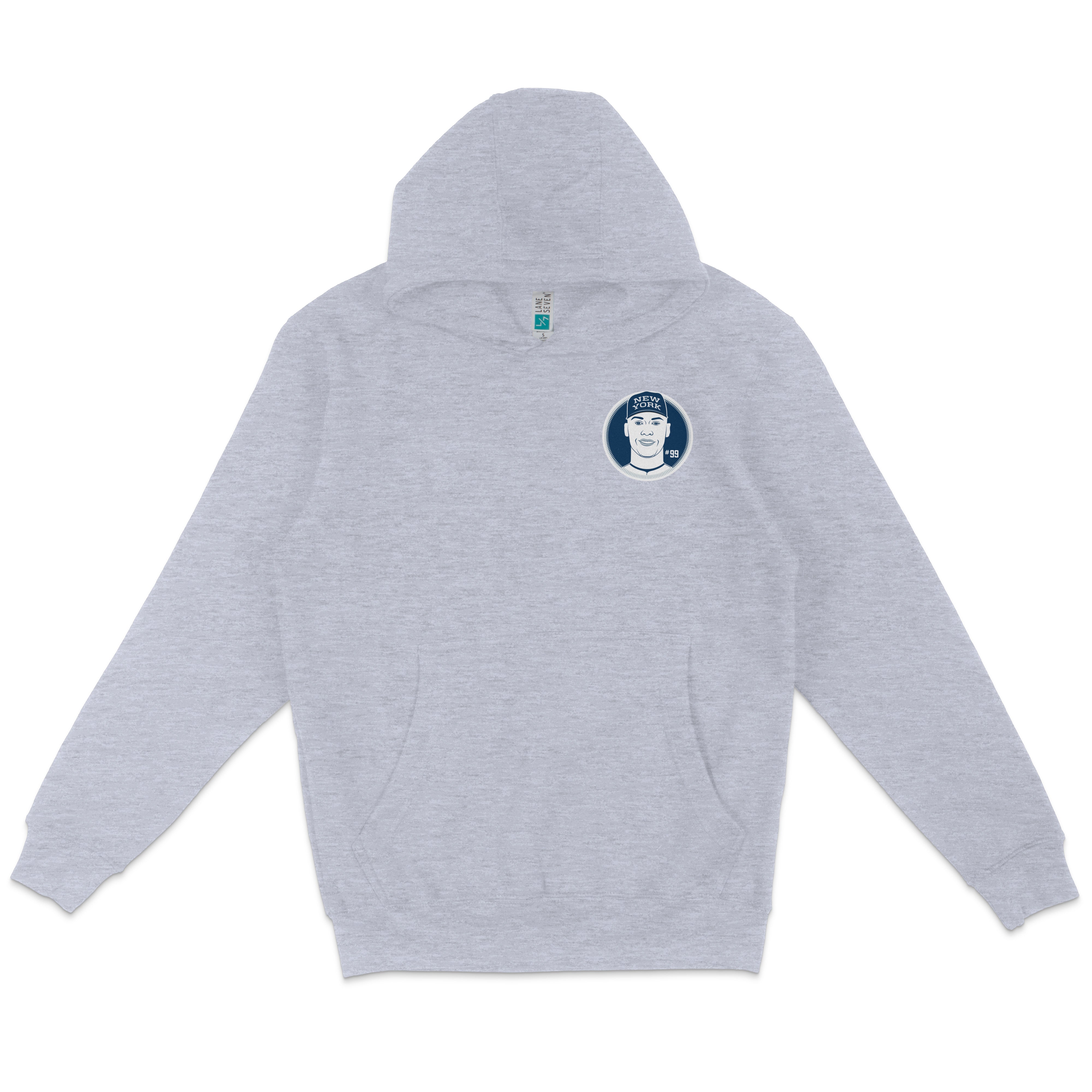 Light gray pullover fleece hoodie featuring a circular patch of Aaron Judge's face, "New York" text, and sports details.