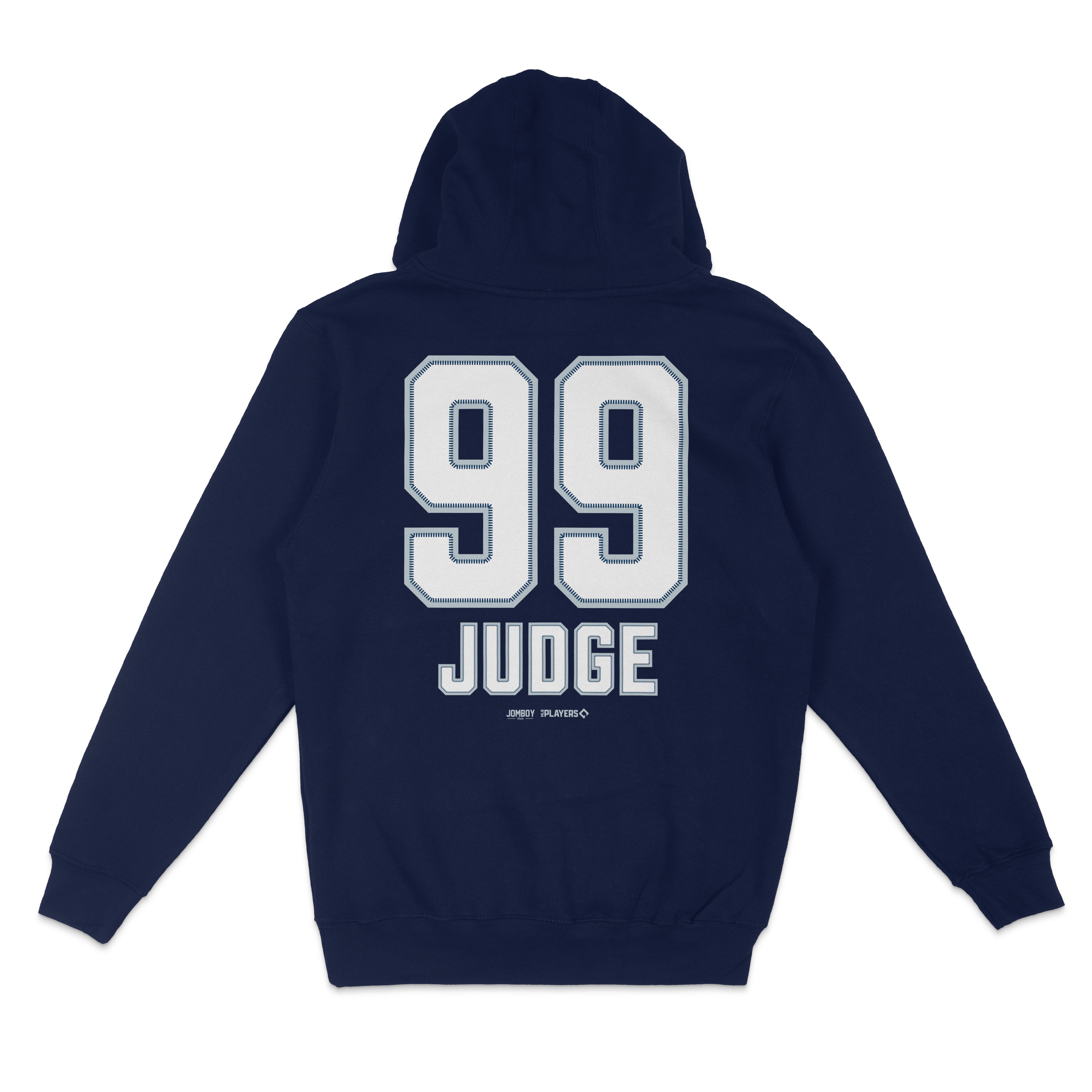 Navy blue pullover fleece hoodie featuring "99" and "JUDGE" printed on the back in white, with a hood and ribbed cuffs.