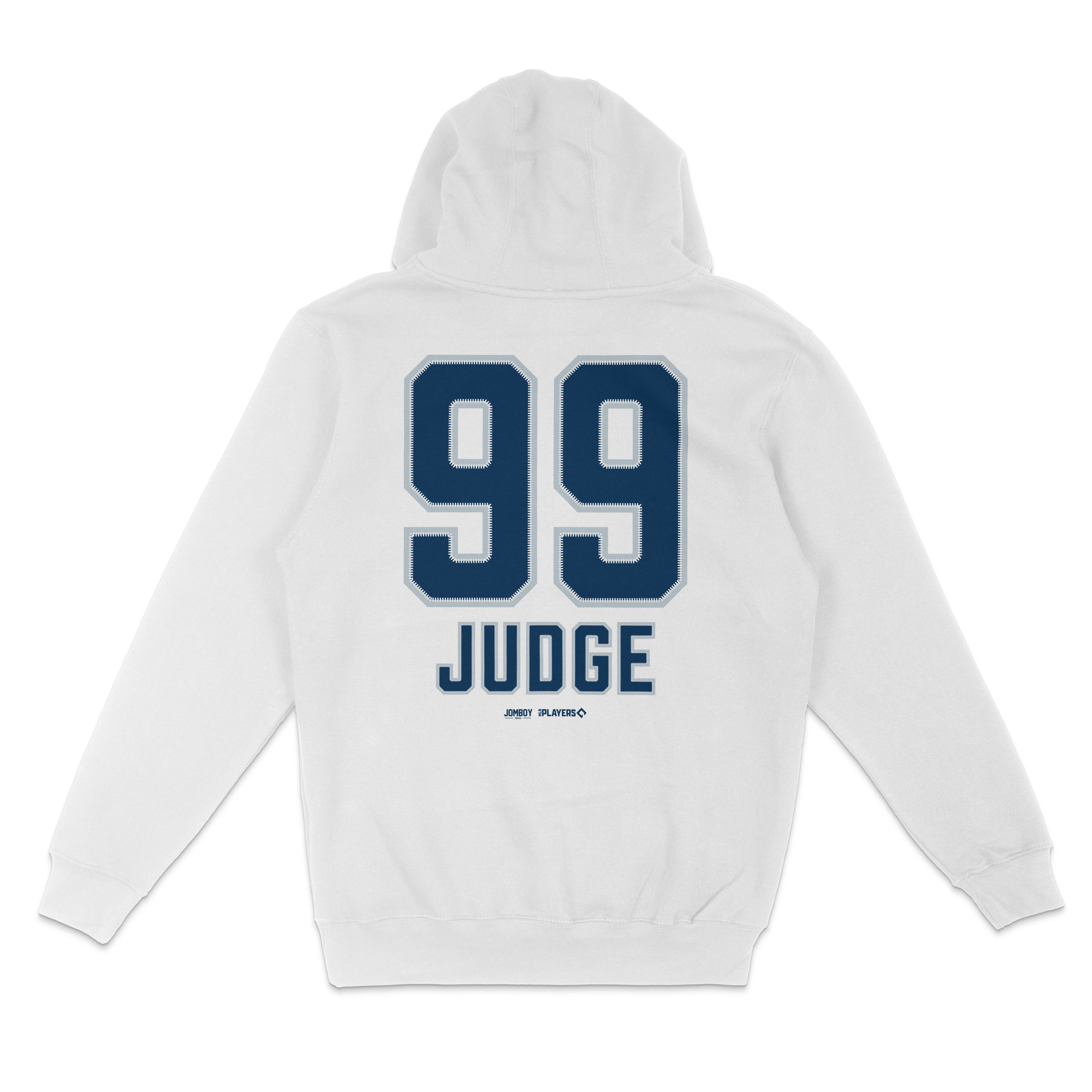 White pullover fleece hoodie featuring "99" and "JUDGE" printed on the back in navy blue, with additional small branding details.