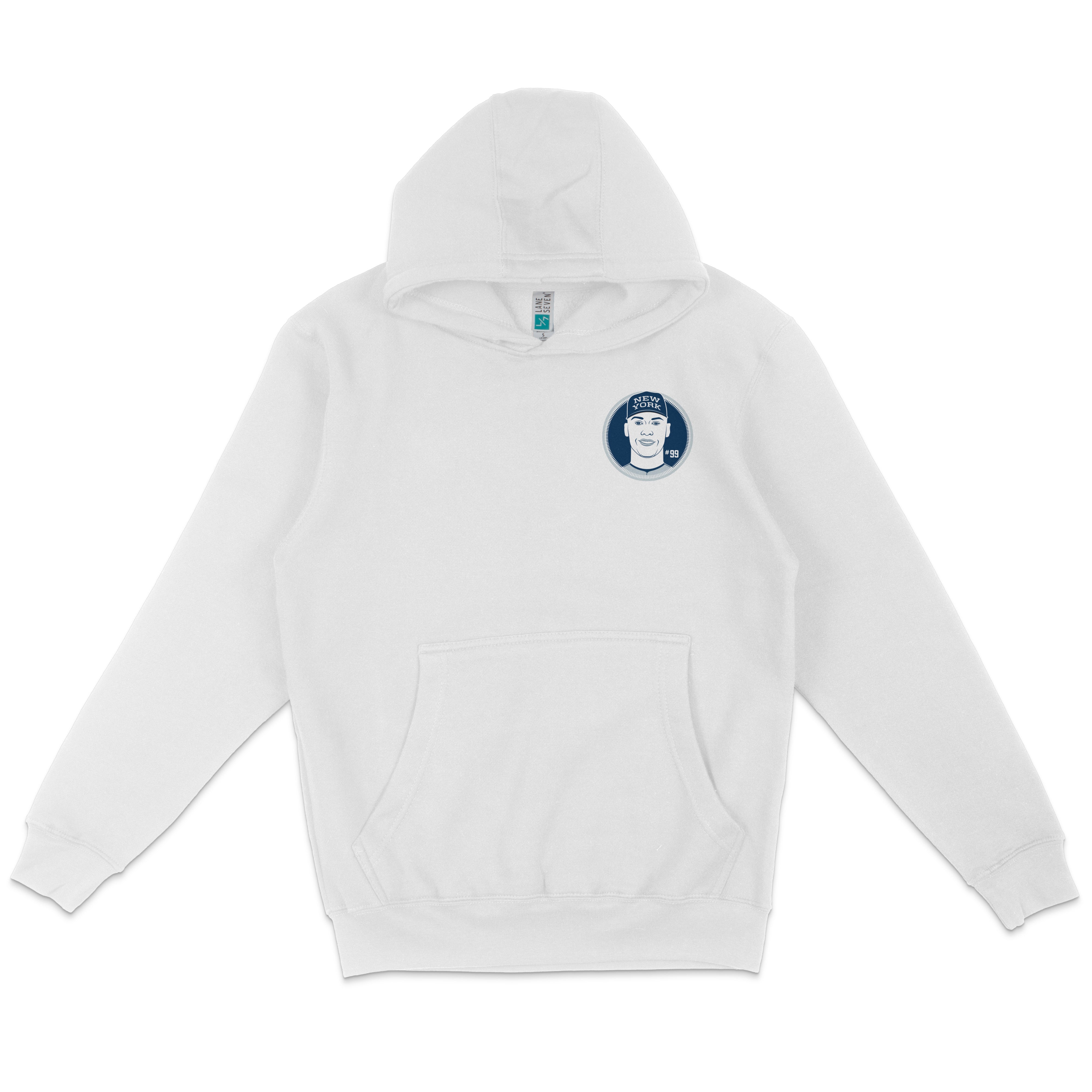 White pullover fleece hoodie featuring a round patch of Aaron Judge with "New York" text, a smiling face, and #99.