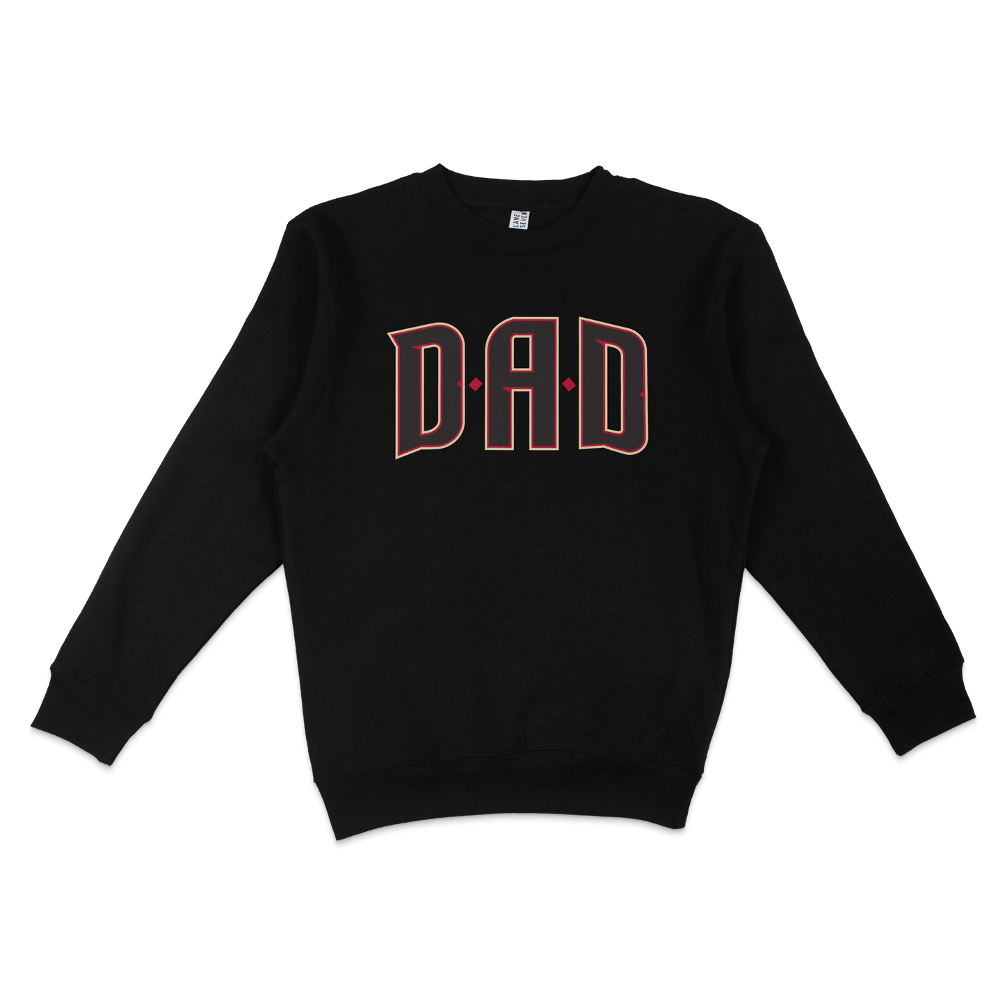 Black crewneck sweatshirt with "DAD" in large, outlined letters on the front, perfect for Arizona baseball dads.