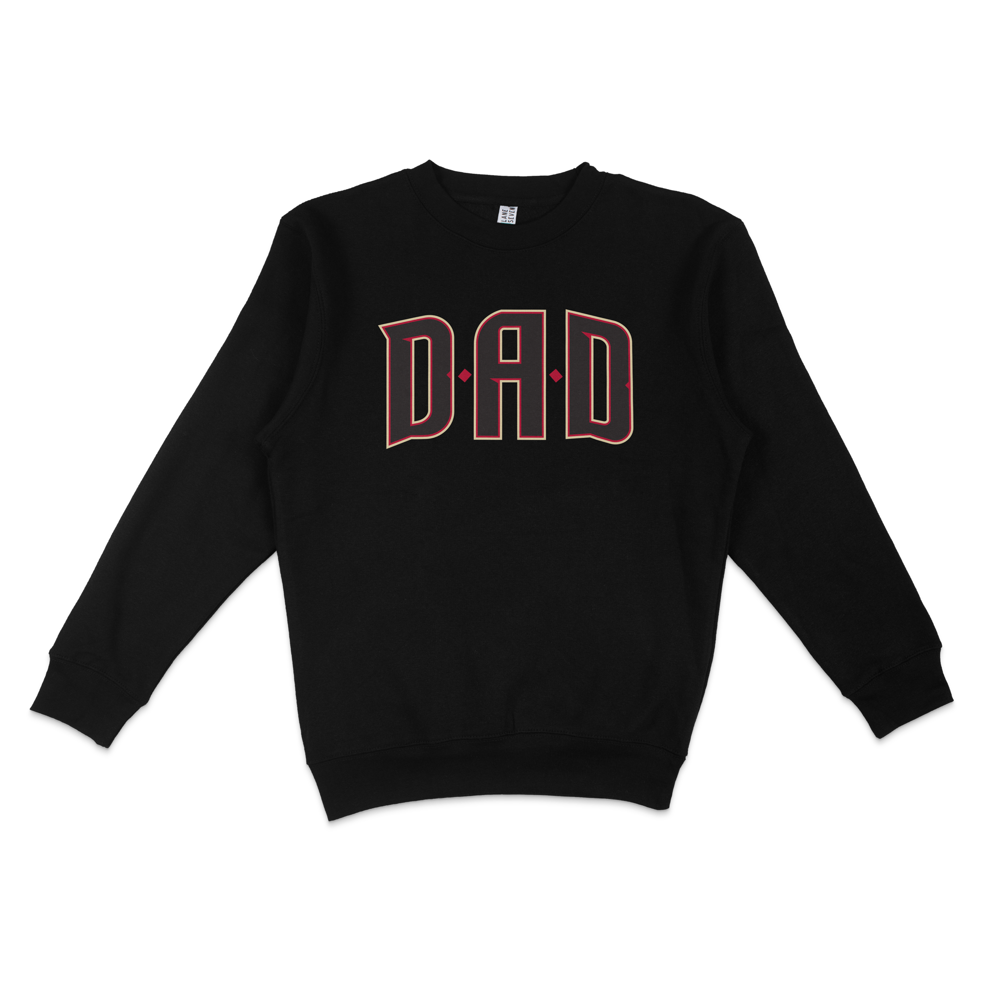 Black crewneck sweatshirt with "DAD" in large, outlined letters on the front, perfect for Arizona baseball dads.