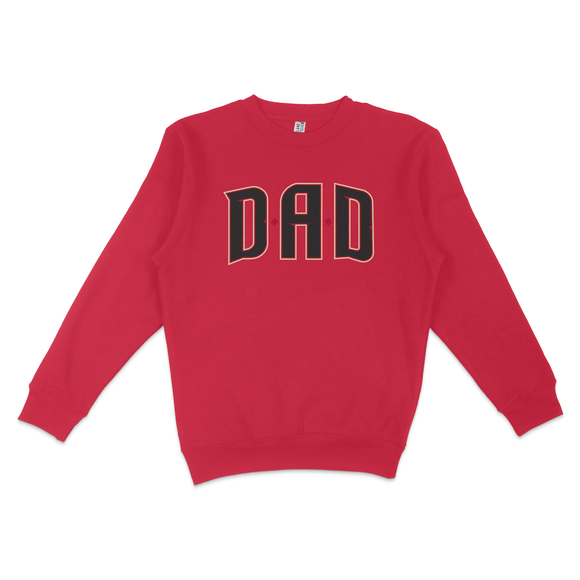 Red crewneck sweatshirt with "DAD" in bold black and white outlined letters on the front, designed for Arizona baseball dads.