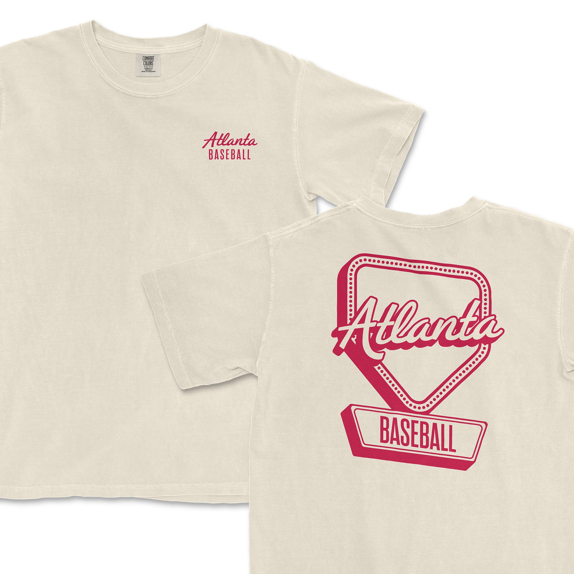 Cream-colored t-shirt featuring "Atlanta Baseball" in red on the front and a large graphic on the back.