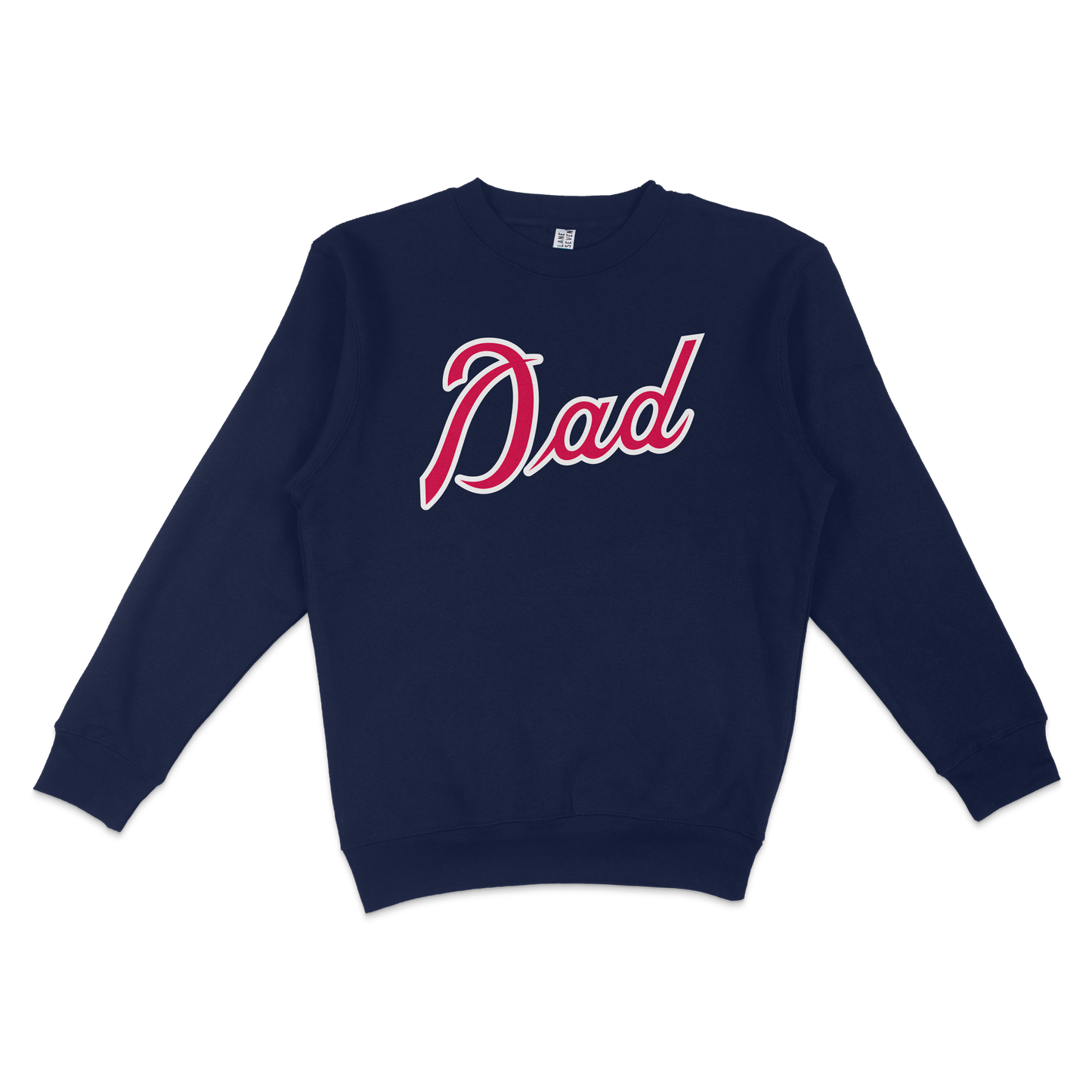 Navy crewneck sweatshirt with "Dad" written in large, cursive red and white lettering, designed for Atlanta baseball dads.