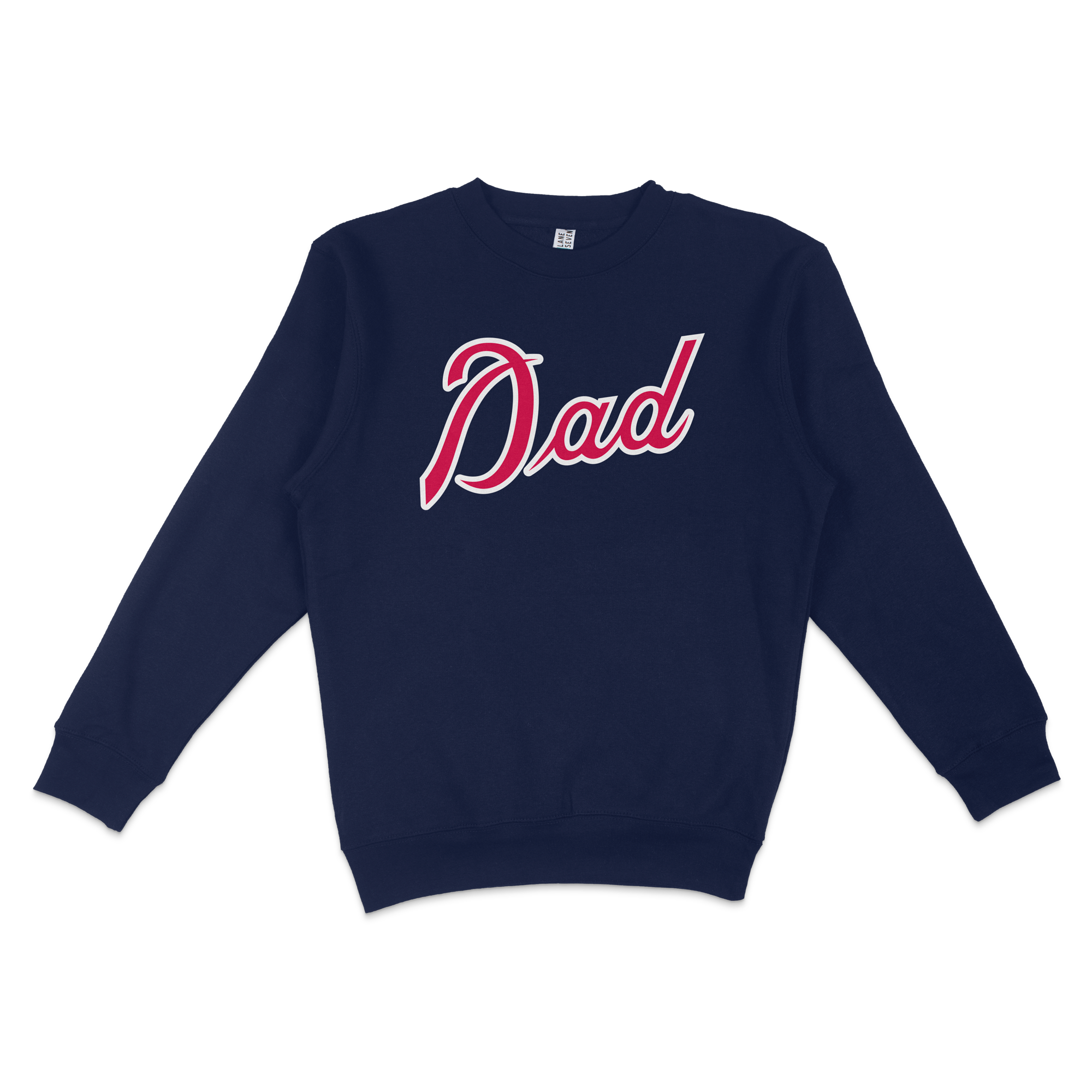 Navy crewneck sweatshirt with "Dad" written in large, cursive red and white lettering, designed for Atlanta baseball dads.