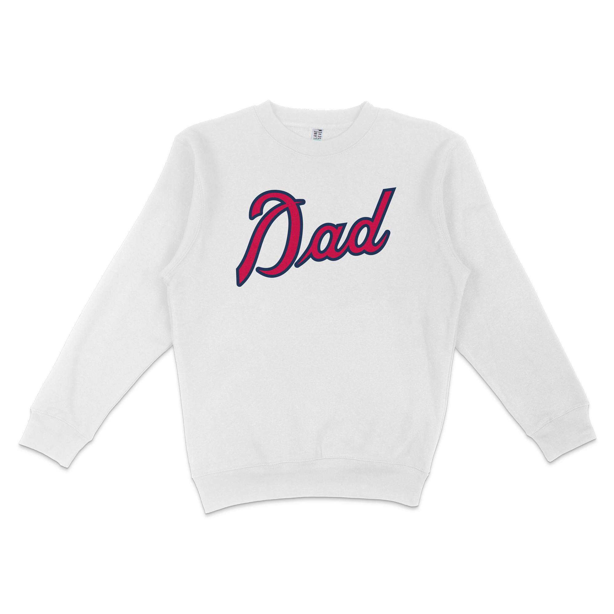 White crewneck sweatshirt with "Dad" in large, stylized navy and red lettering, designed for Atlanta baseball dads.