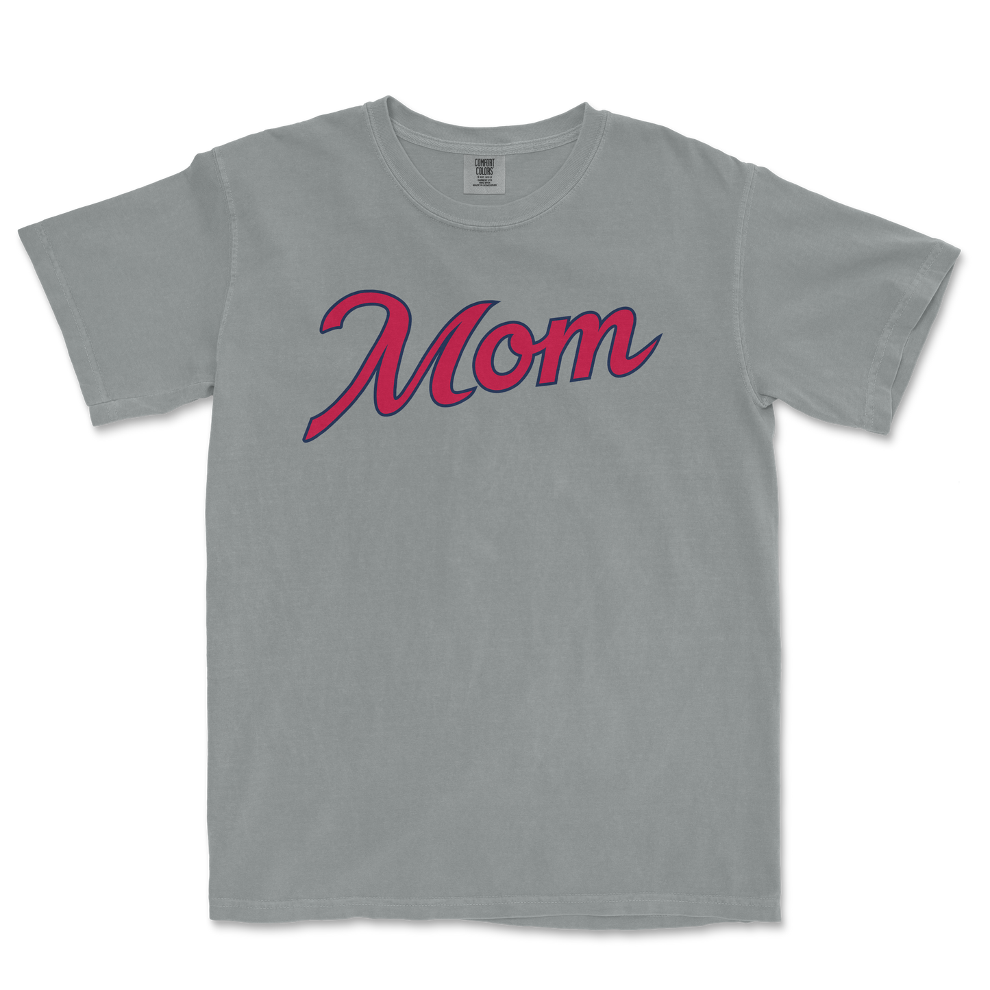 Gray Comfort Colors T-shirt with "Mom" written in pink and navy cursive font, designed for Atlanta baseball moms.