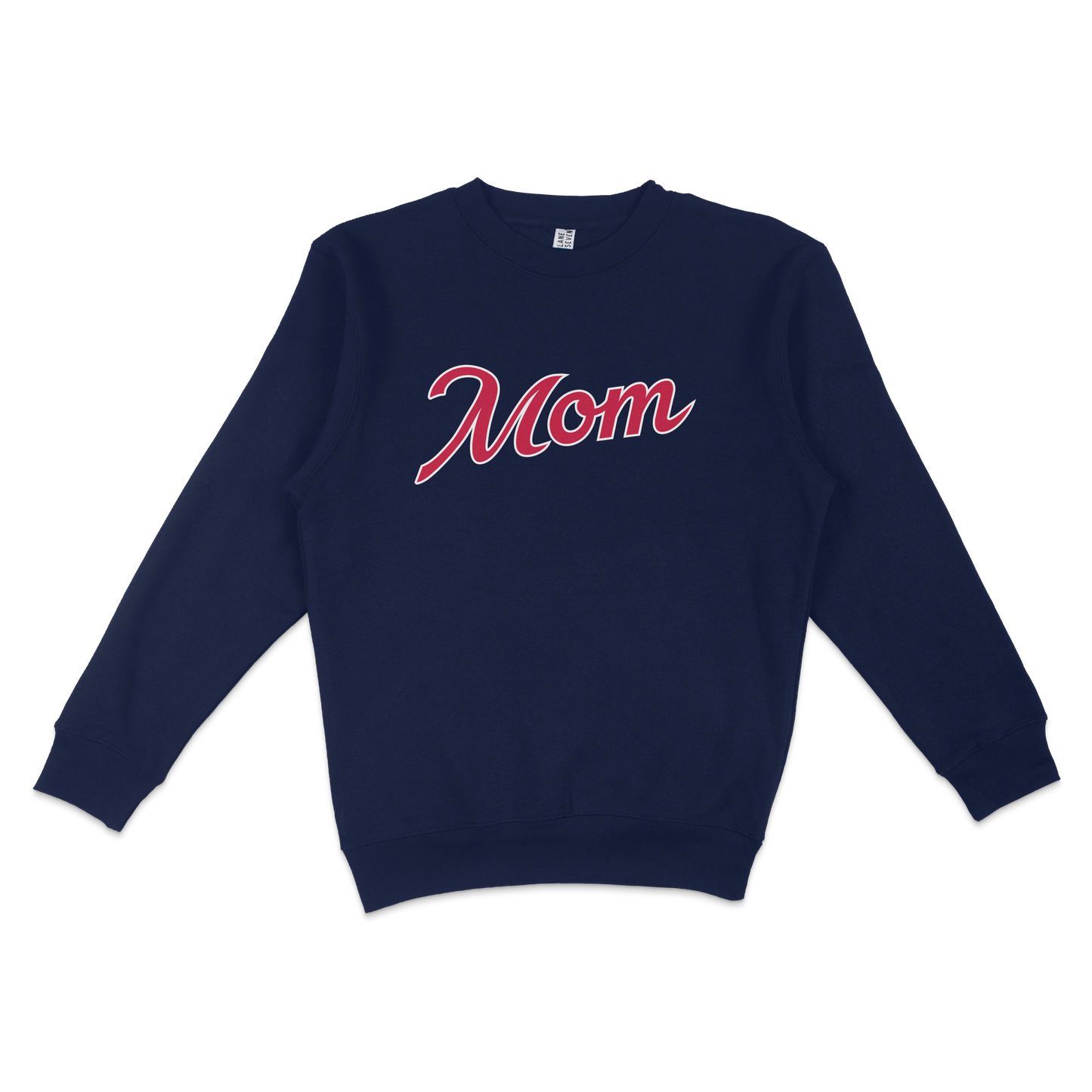 Navy crewneck sweatshirt with "Mom" written in red and white cursive lettering, designed for Atlanta baseball moms.
