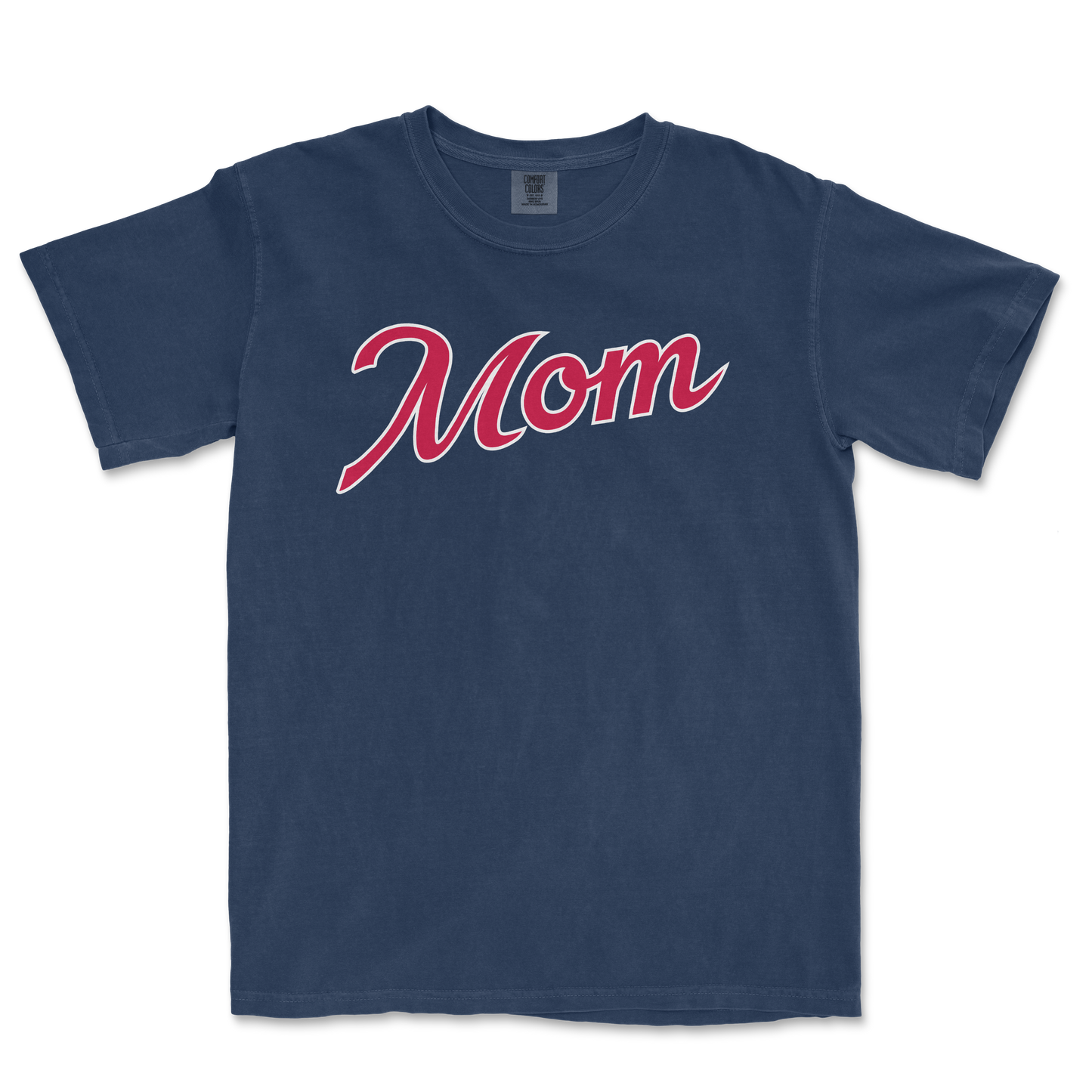 Comfort Colors navy T-shirt with "Mom" written in large, cursive pink and white lettering, celebrating Atlanta baseball moms.