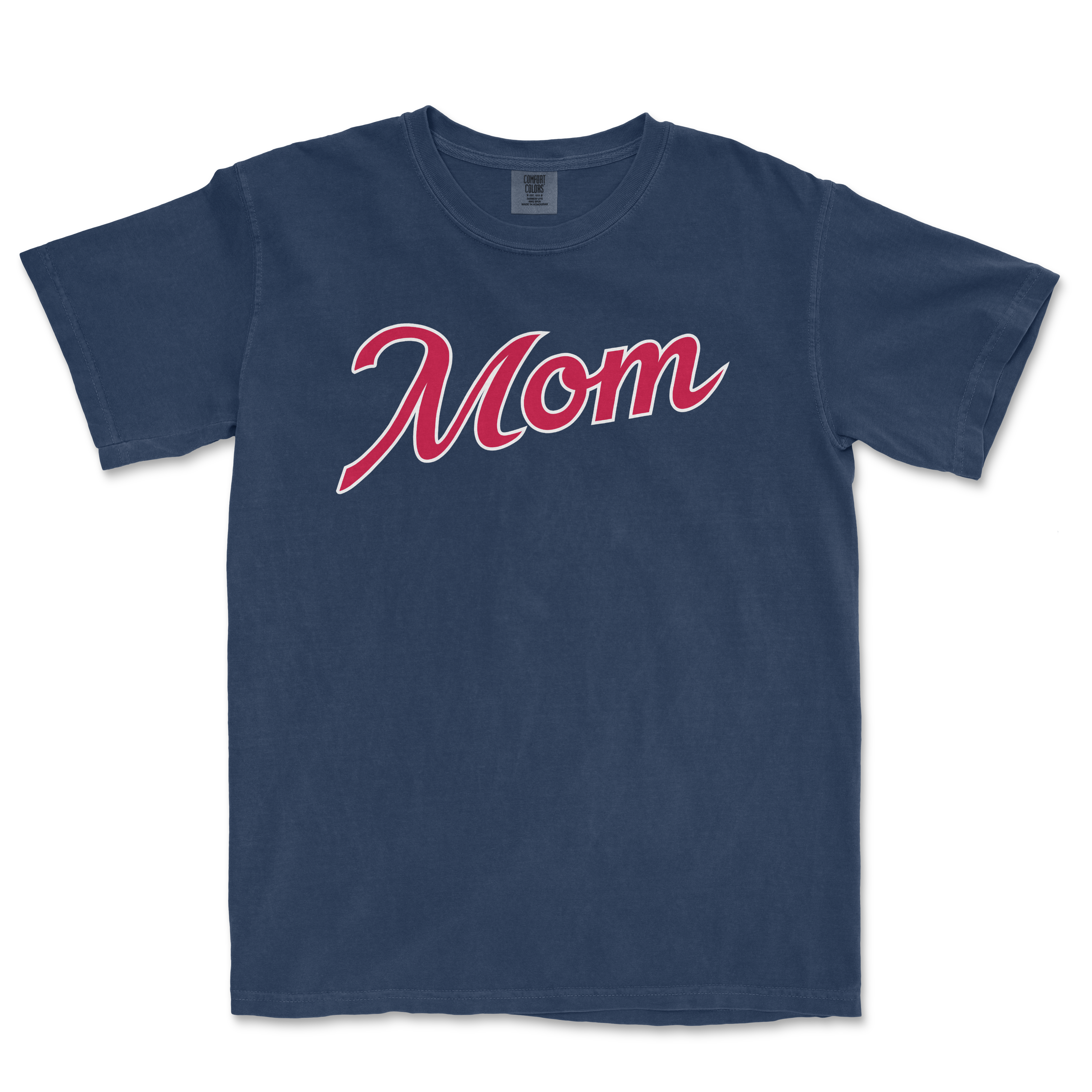 Comfort Colors navy T-shirt with "Mom" written in large, cursive pink and white lettering, celebrating Atlanta baseball moms.