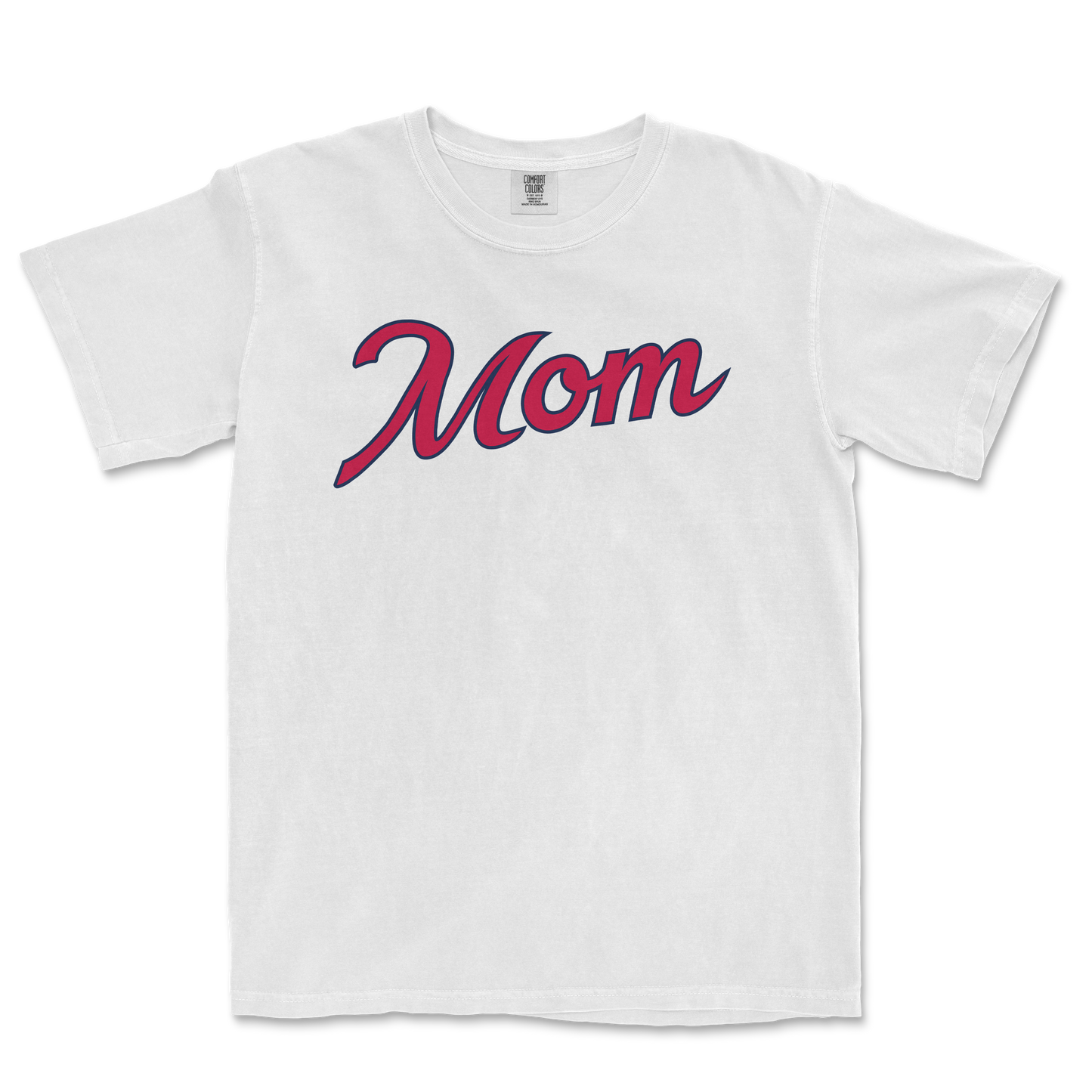 White Comfort Colors T-shirt with "Mom" written in large, cursive pink and navy font, designed for Atlanta baseball moms.