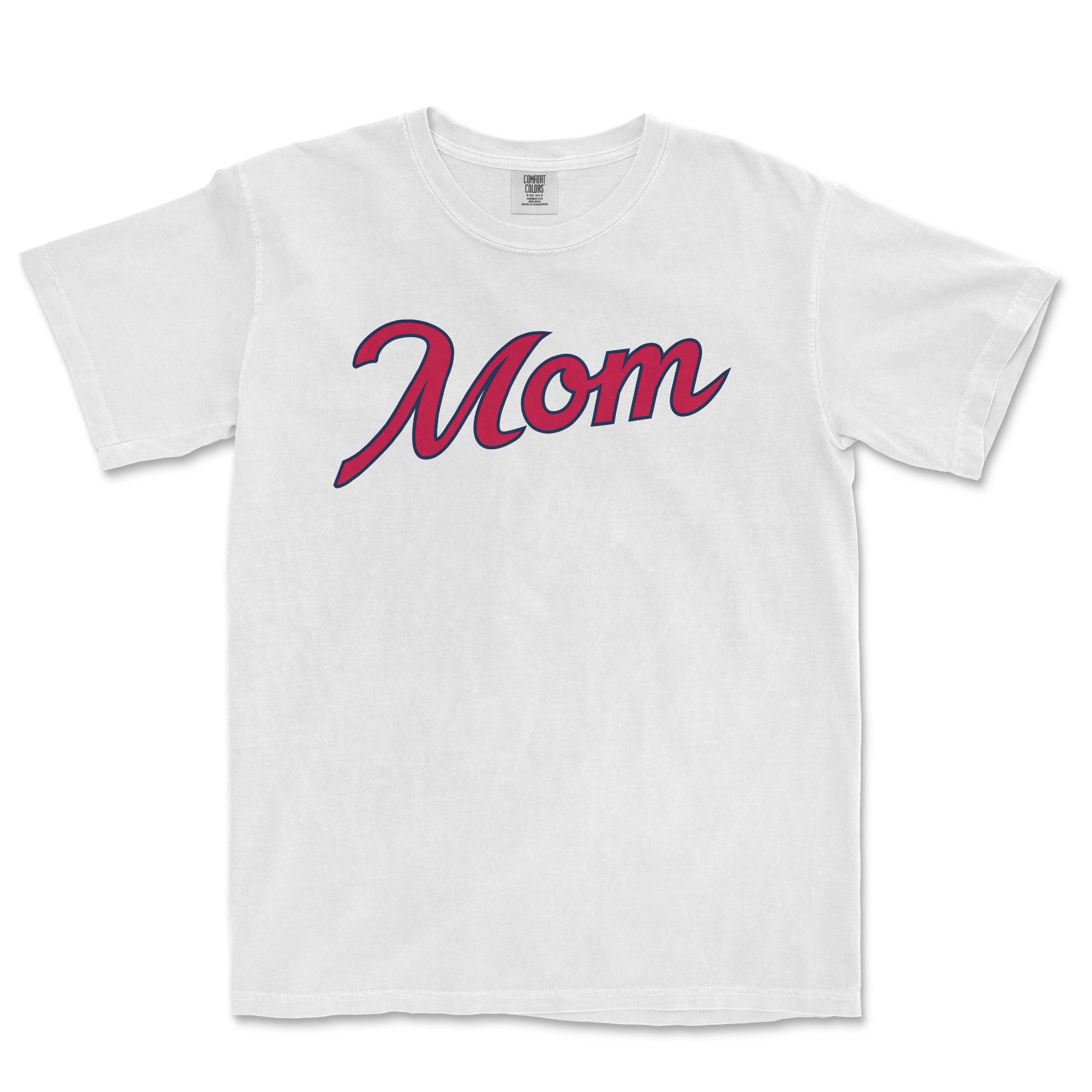 White Comfort Colors T-shirt with "Mom" written in large, cursive pink and navy font, designed for Atlanta baseball moms.