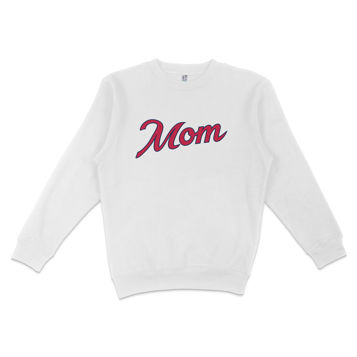 White crewneck sweatshirt with "Mom" written in large, cursive pink and navy text across the front.