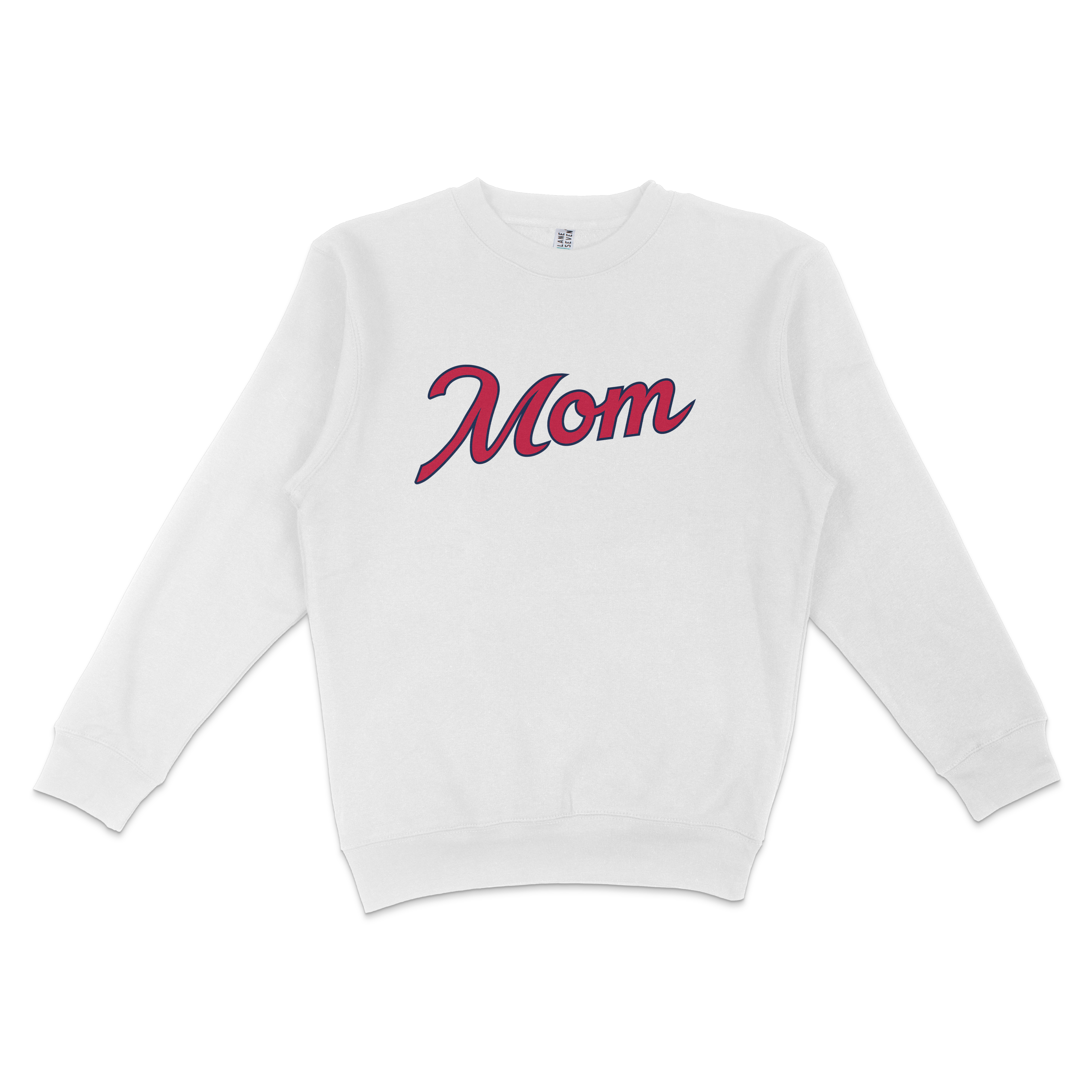 White crewneck sweatshirt with "Mom" written in large, cursive pink and navy text across the front.