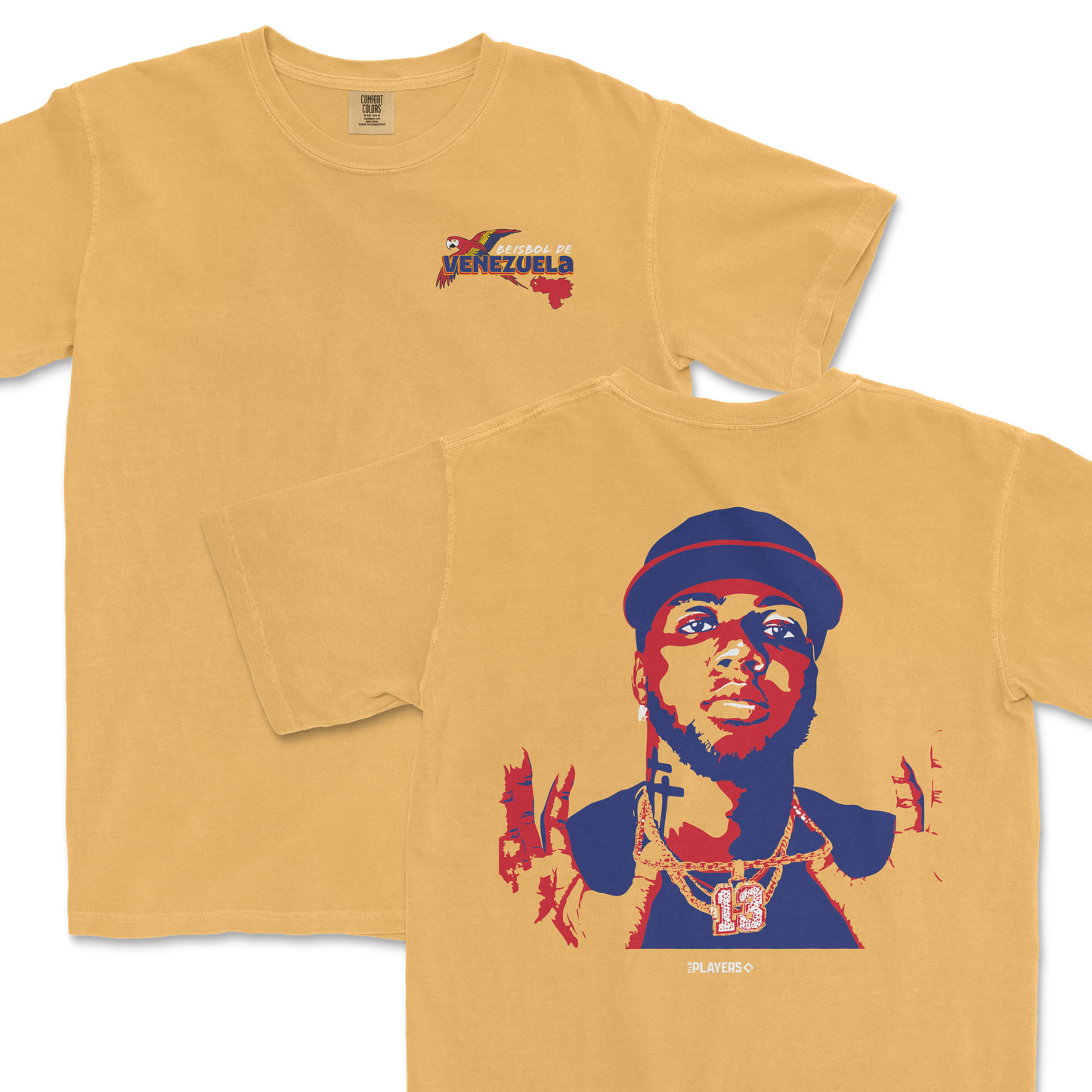 Beige Comfort Colors T-shirt featuring Acuña x VEN - Country Series design with a portrait of a man wearing a hat, chains, and jewelry.