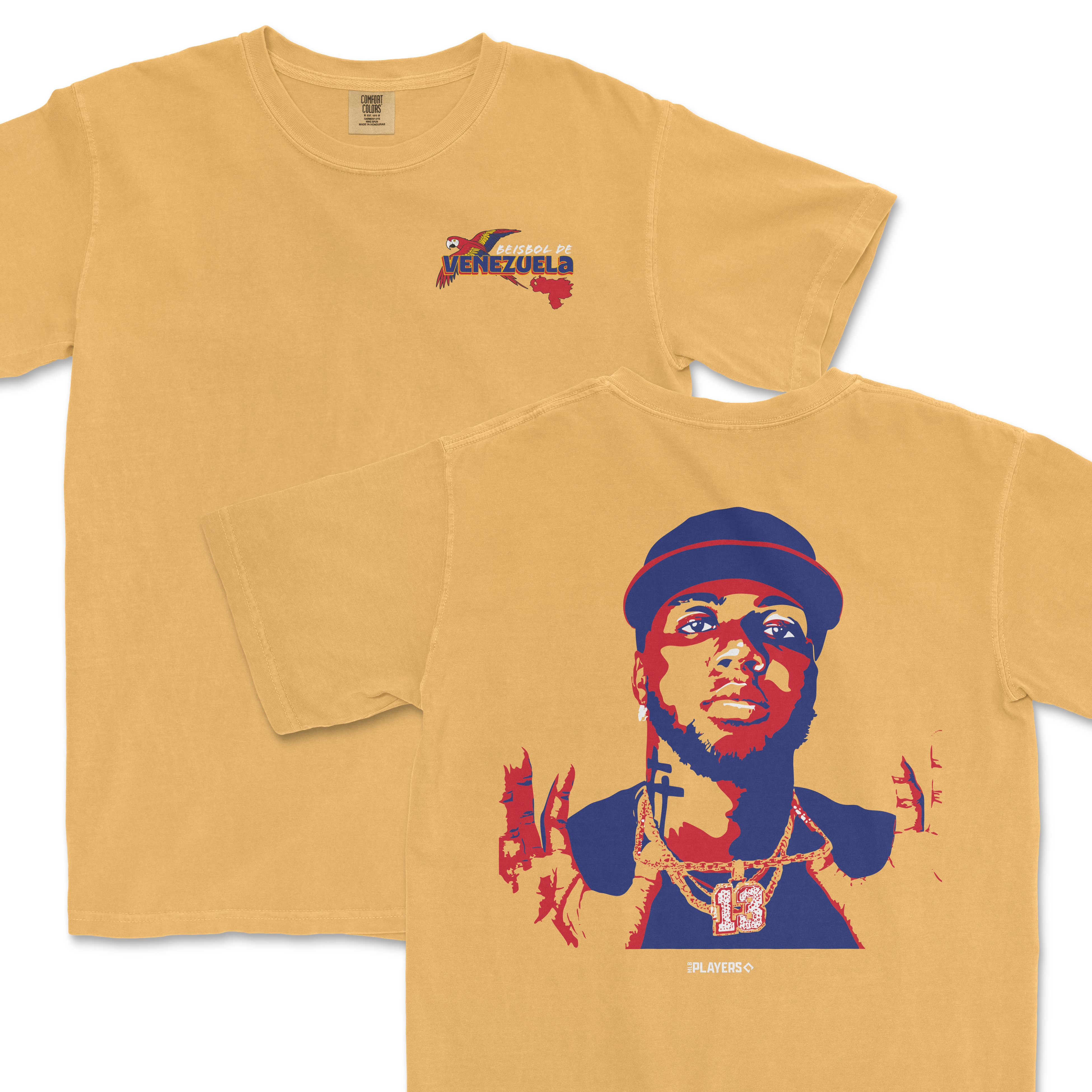 Beige Comfort Colors T-shirt featuring Acuña x VEN - Country Series design with a portrait of a man wearing a hat, chains, and jewelry.