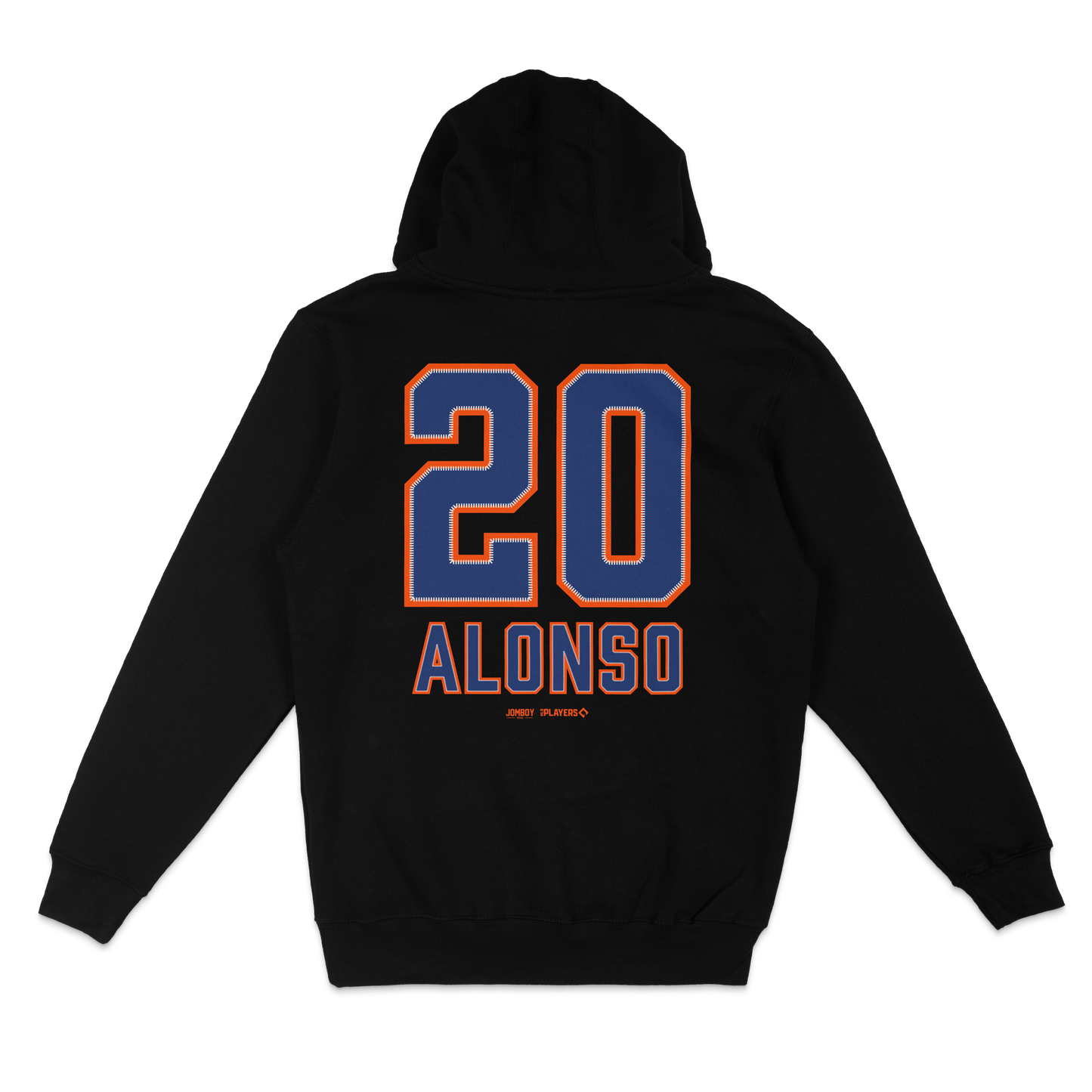 Black pullover fleece hoodie featuring "20" and "Alonso" in blue and orange lettering on the back.