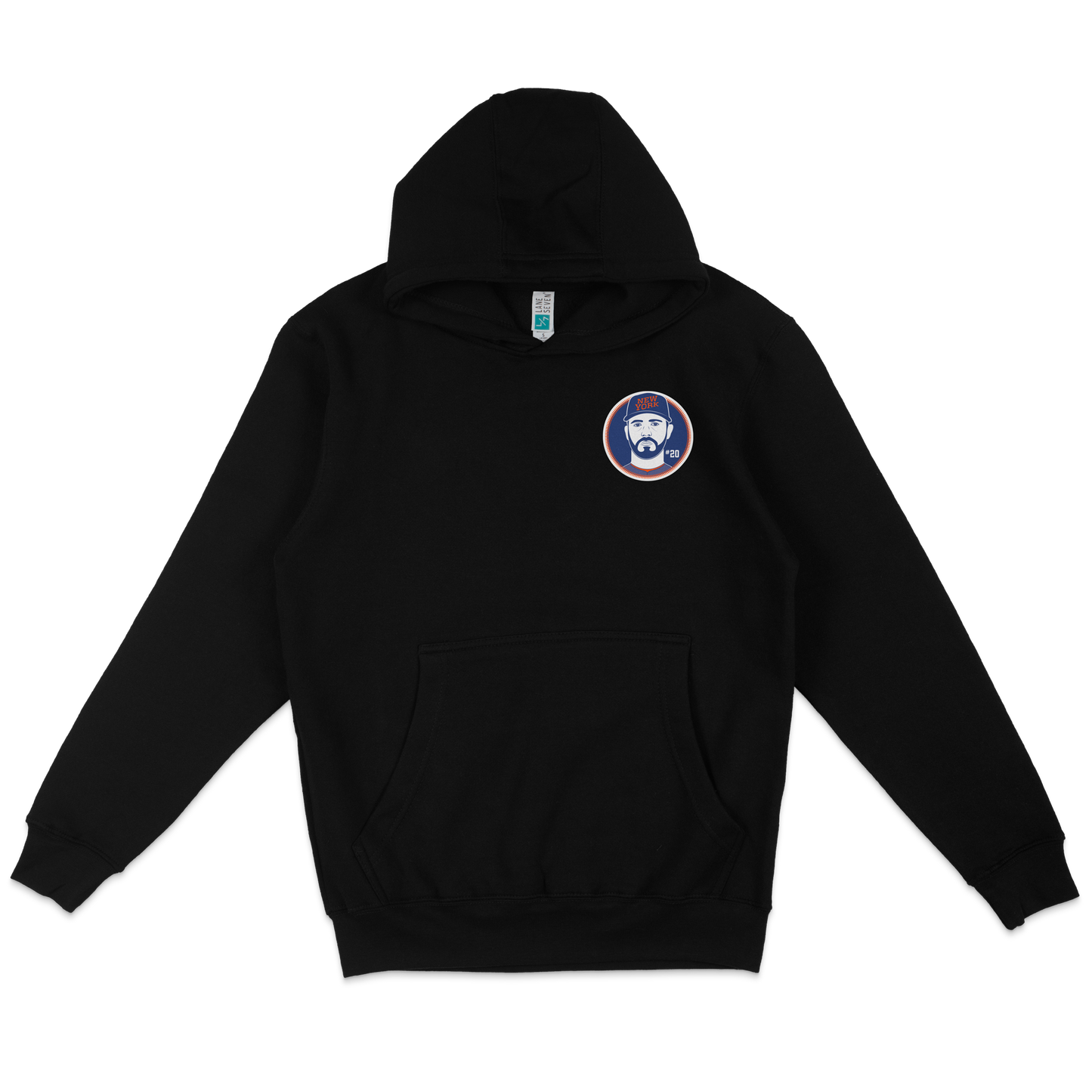 Black pullover fleece hoodie featuring a Pete Alonso patch with a bearded face, team logo, and "#20" on the chest.