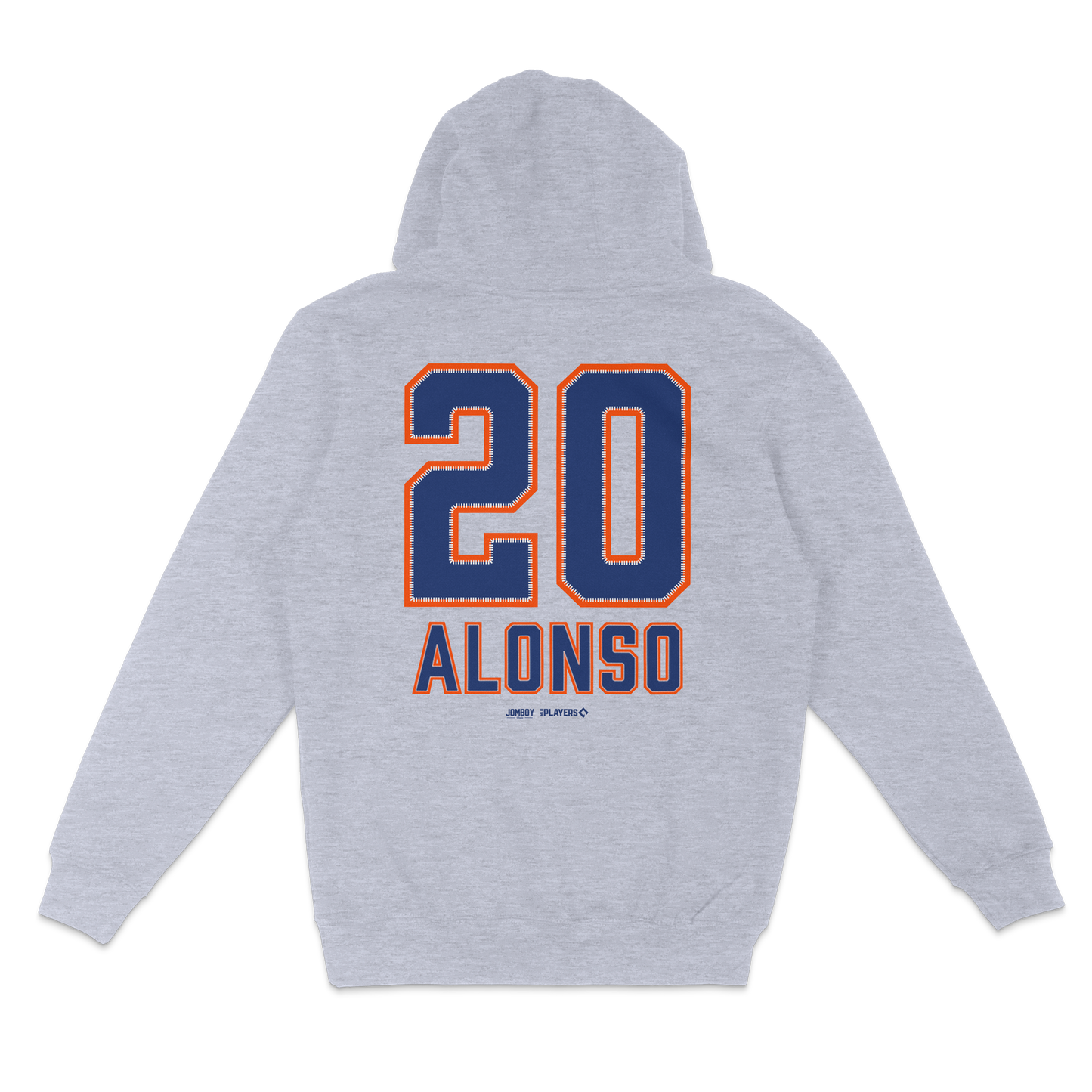 Gray pullover fleece hoodie featuring "20 ALONSO" in bold navy and orange lettering on the back.