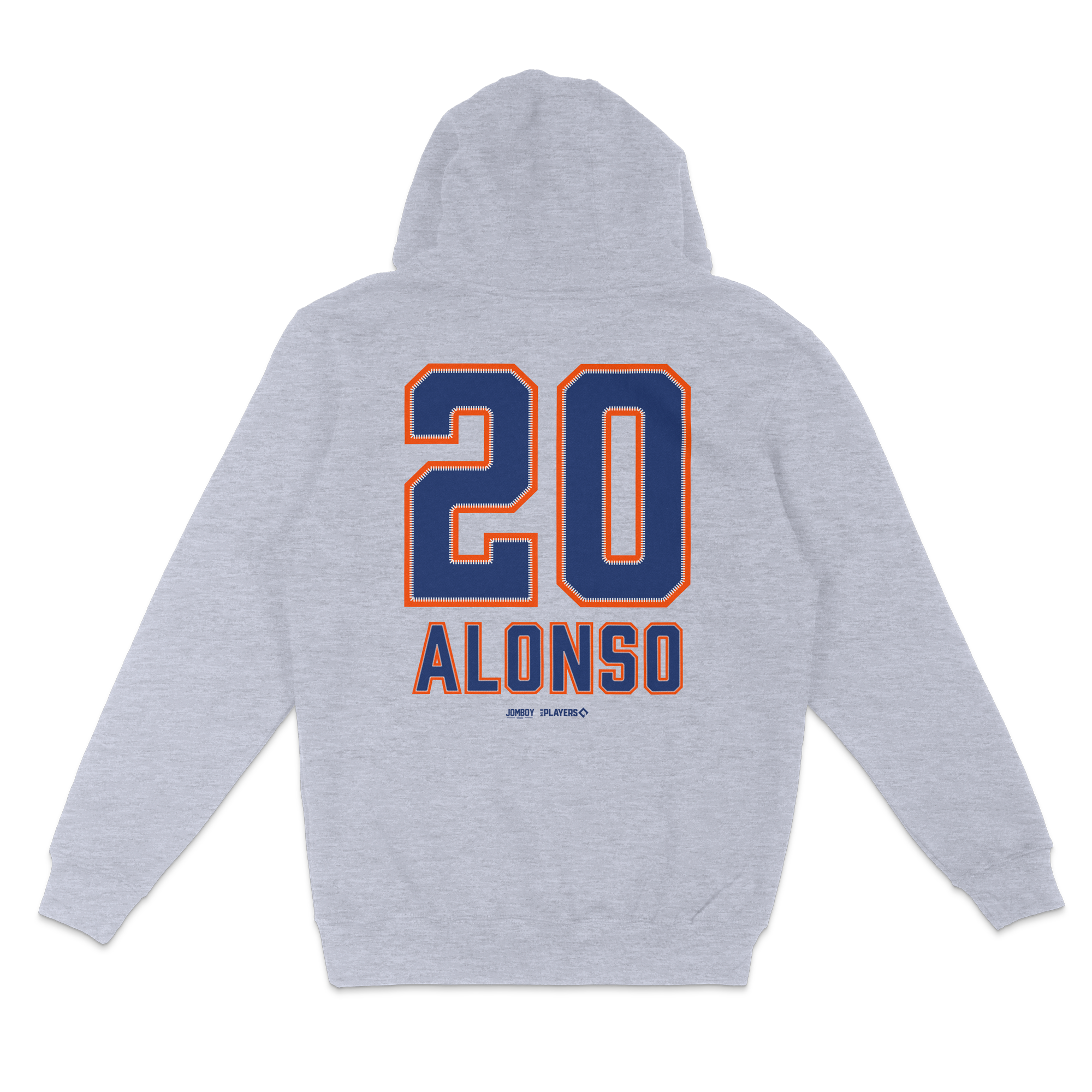 Gray pullover fleece hoodie featuring "20 ALONSO" in bold navy and orange lettering on the back.