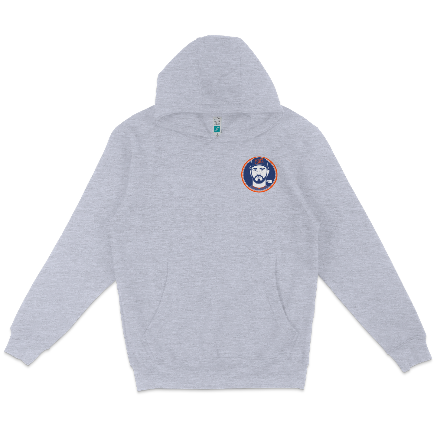 Light gray pullover fleece hoodie featuring a Pete Alonso patch with a bearded man's face, cap, and "NY" logo on the chest.