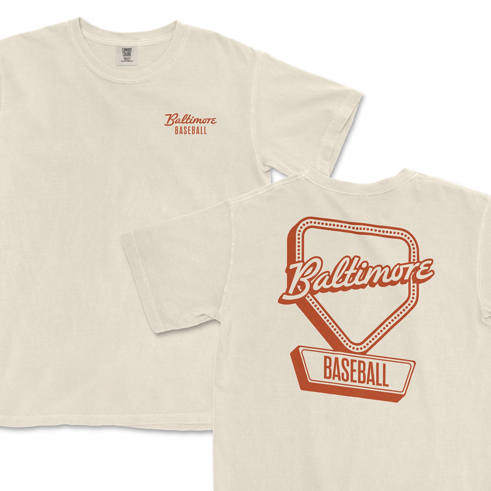 Baltimore Baseball See the Signs Collection t-shirt featuring a vintage design with a home plate graphic and bold lettering.