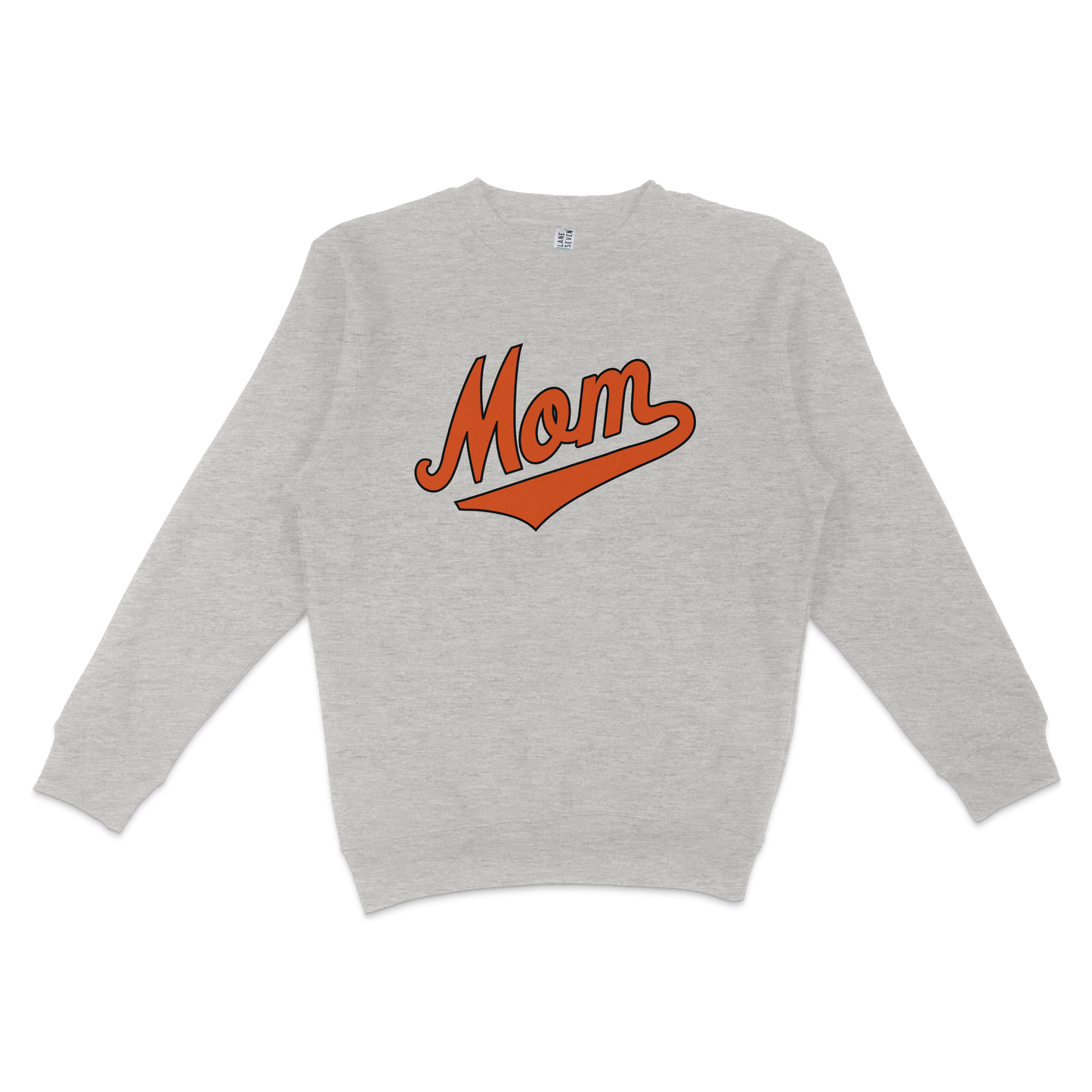 Gray crewneck sweatshirt with "Mom" in bold orange and black lettering, celebrating Baltimore baseball moms.