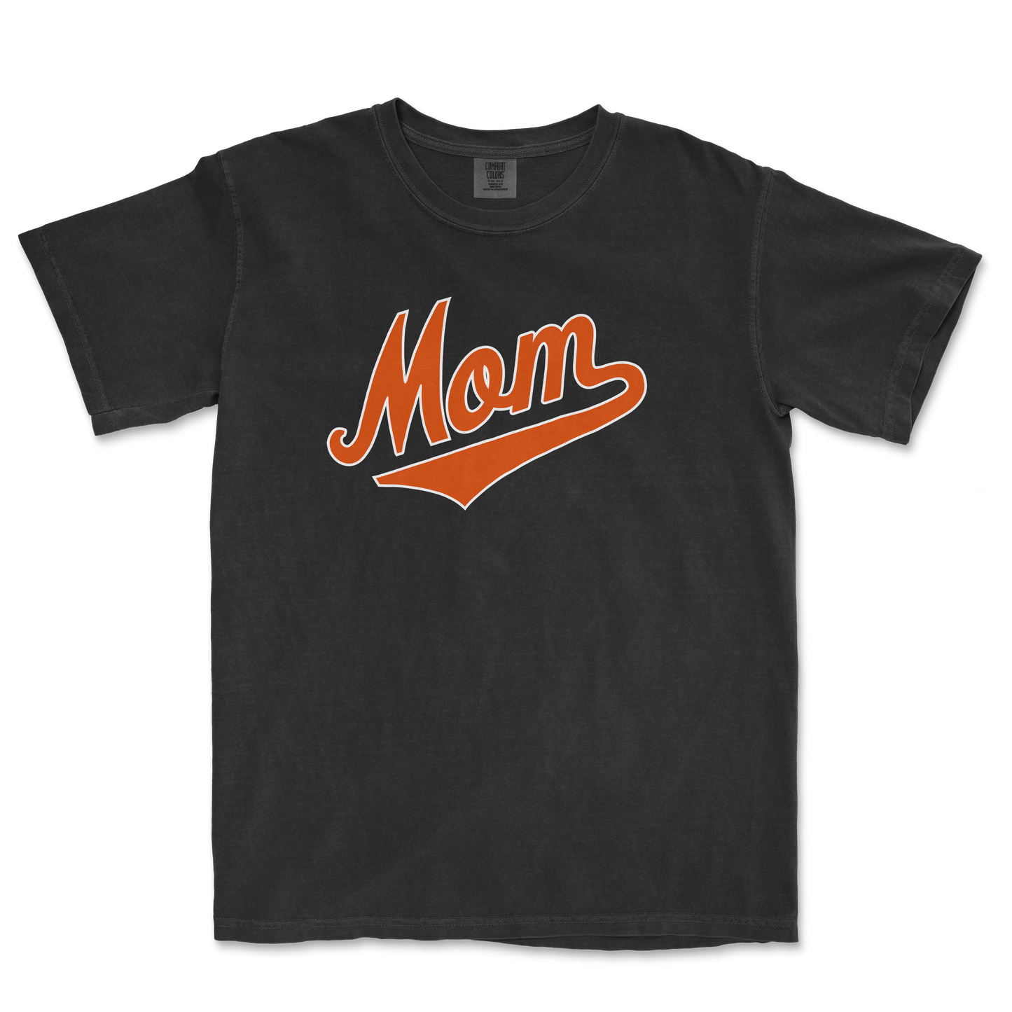 Black Comfort Colors T-shirt with "Mom" in orange script and underline, designed for Baltimore baseball moms.