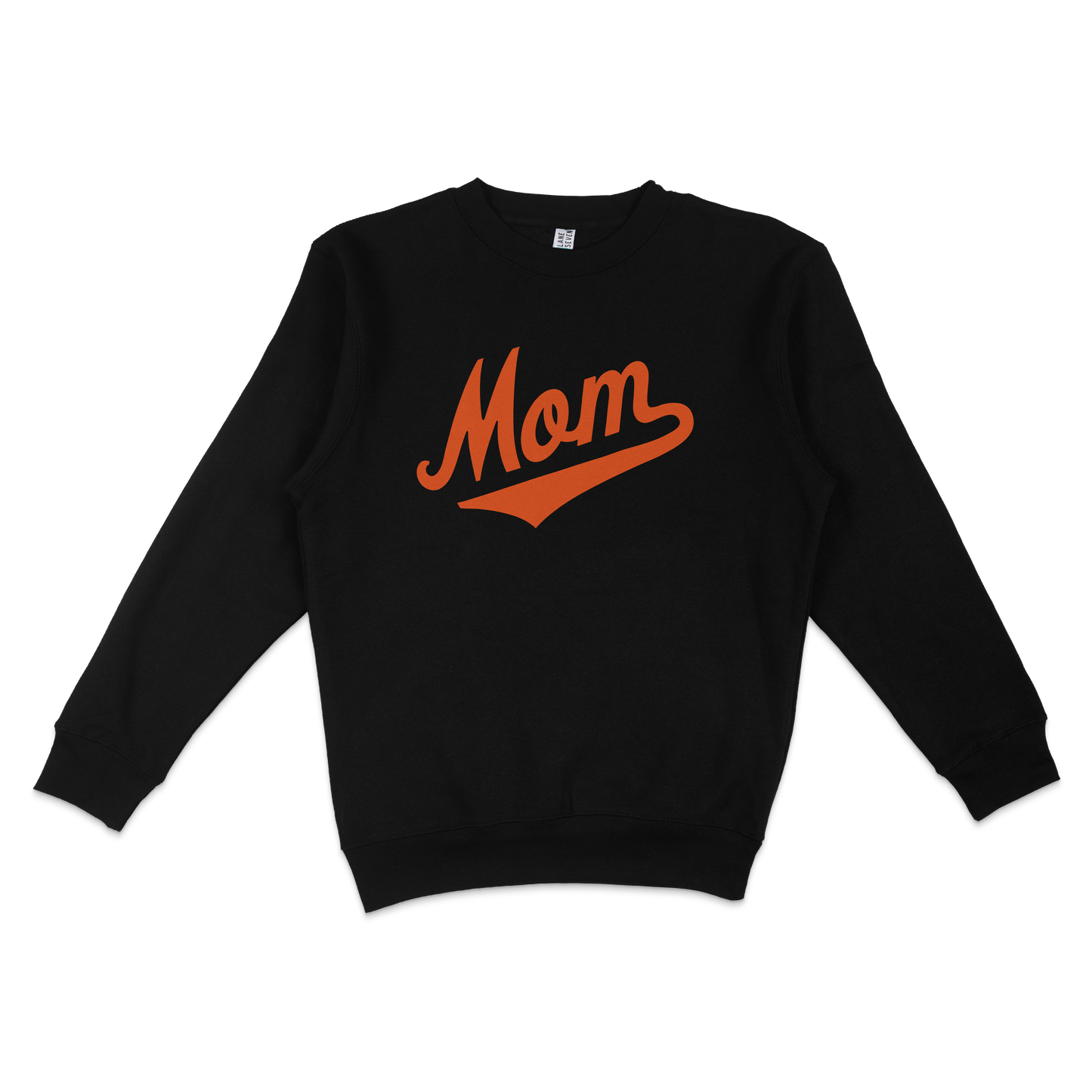 Black crewneck sweatshirt with orange "Mom" text and swoosh design, perfect for Baltimore baseball moms.