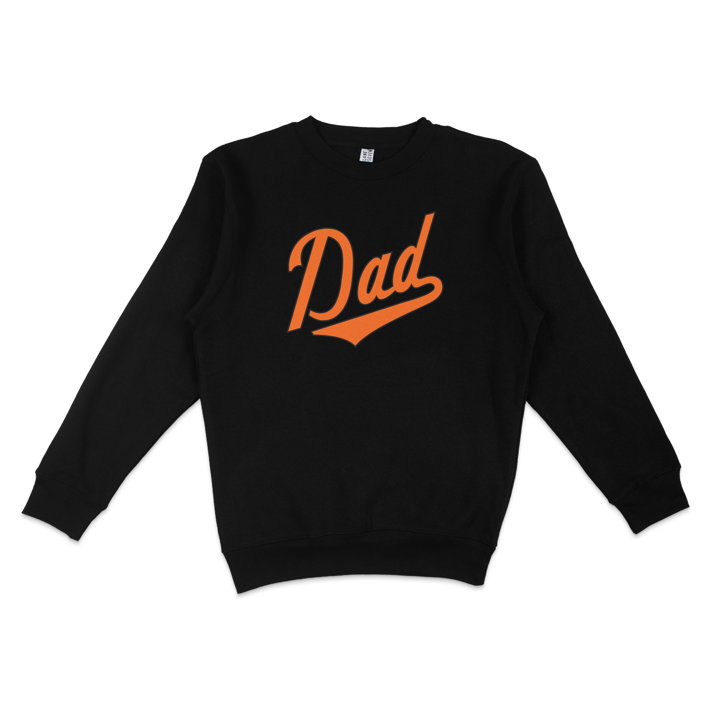 Black crewneck sweatshirt with orange "Dad" text and underline, designed for Baltimore baseball dads.