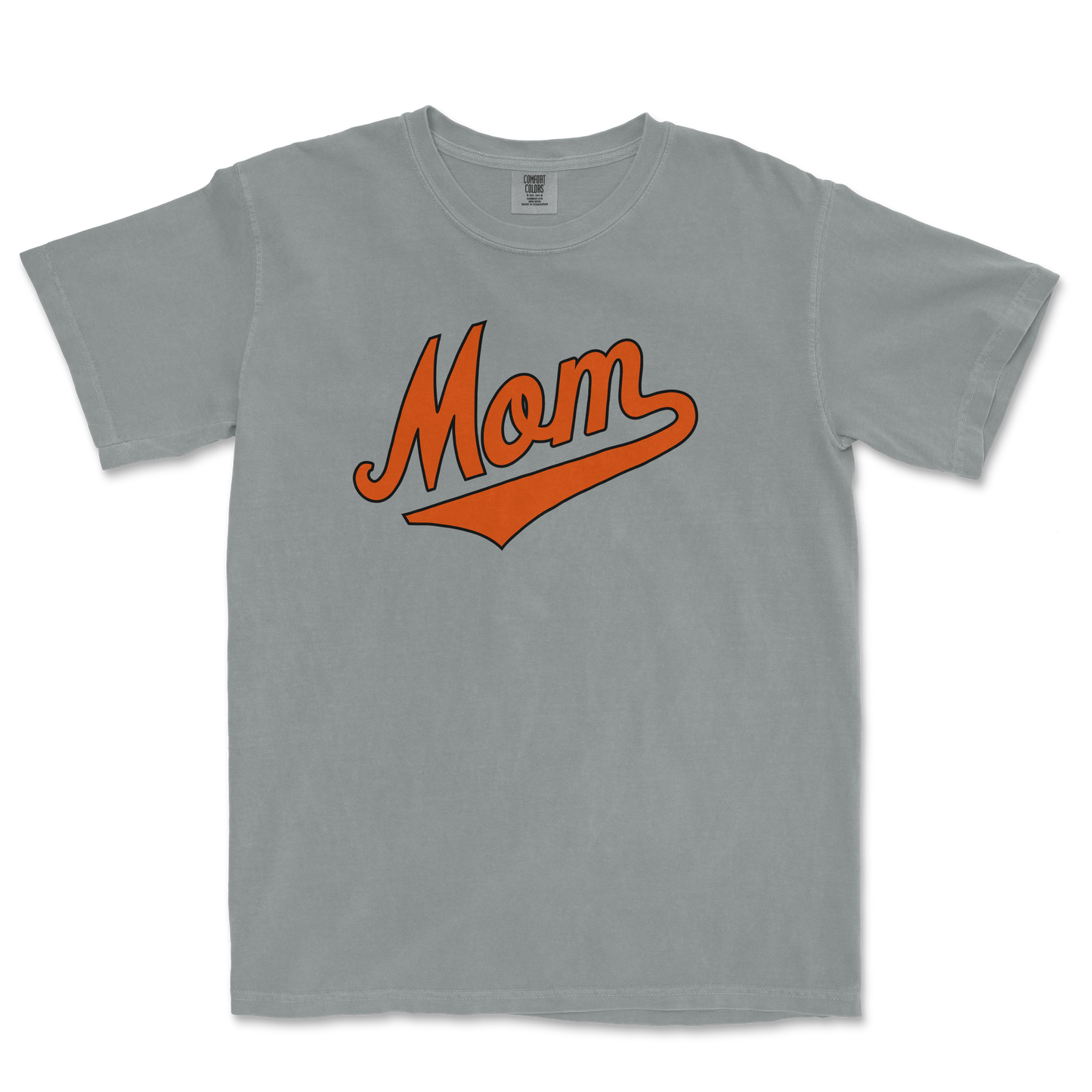 Gray Comfort Colors T-shirt with "Mom" in orange script and underline, designed for Baltimore baseball moms.