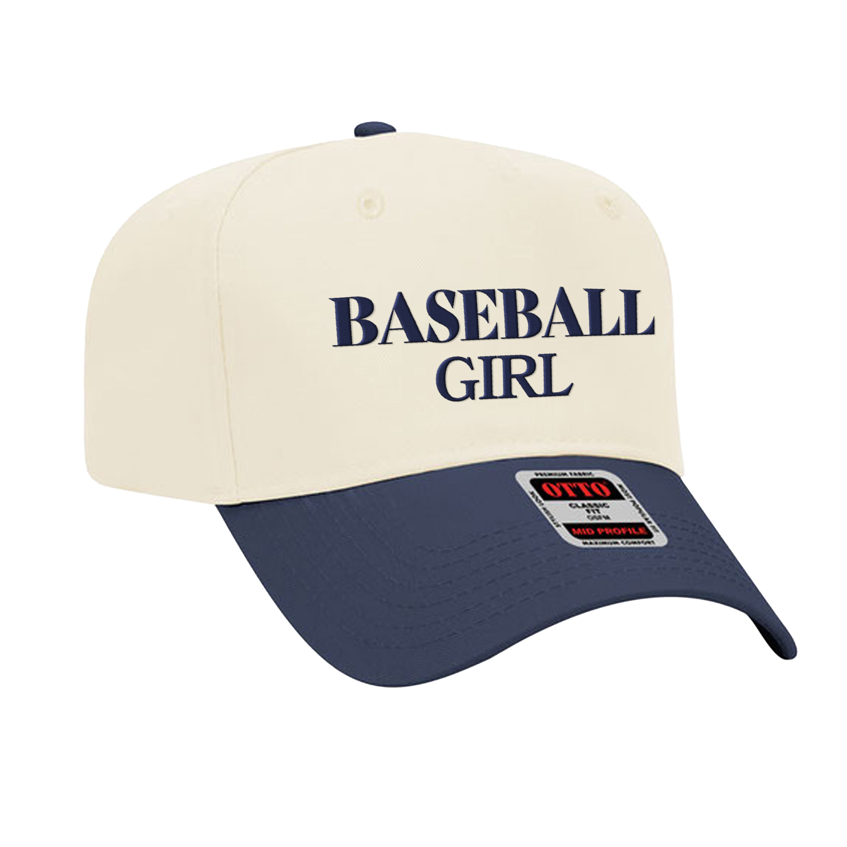 Baseball girl hat with a cream crown, navy brim, and "BASEBALL GIRL" embroidered in navy letters.
