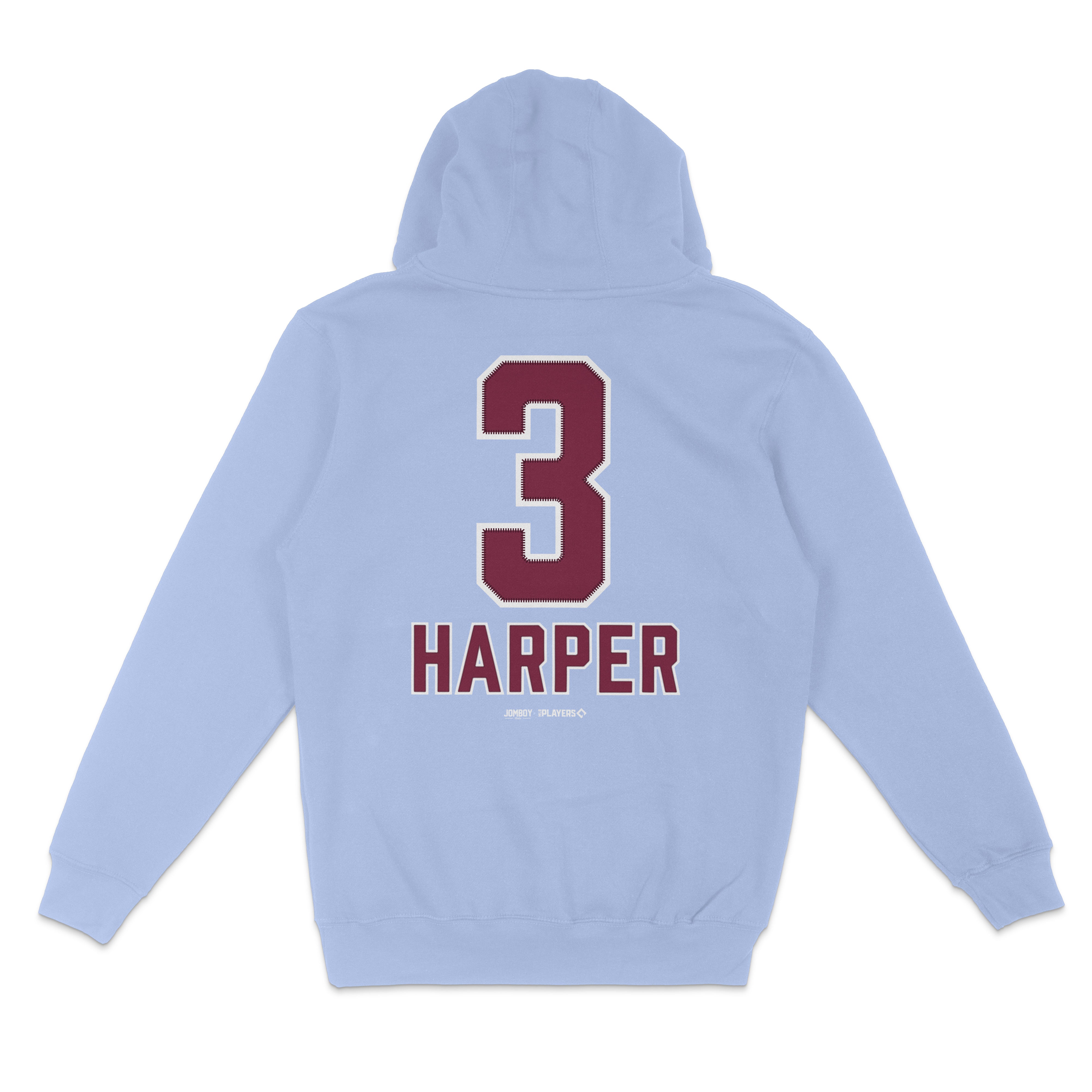 Light blue Bryce Harper pullover fleece hoodie with a large maroon number 3 and "HARPER" printed on the back.