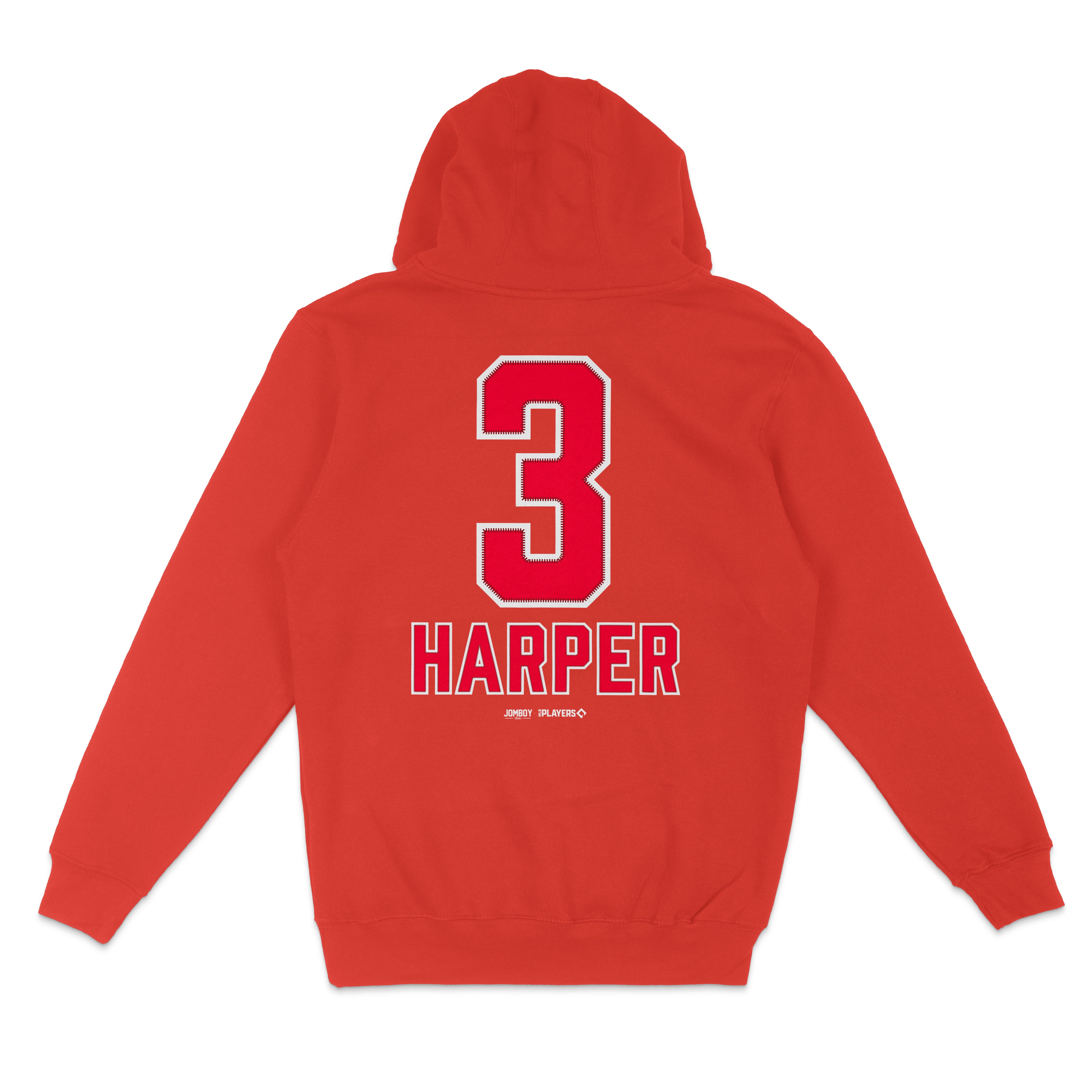 Red Bryce Harper pullover fleece hoodie with large back number 3 and "Harper" text in bold white and red lettering.
