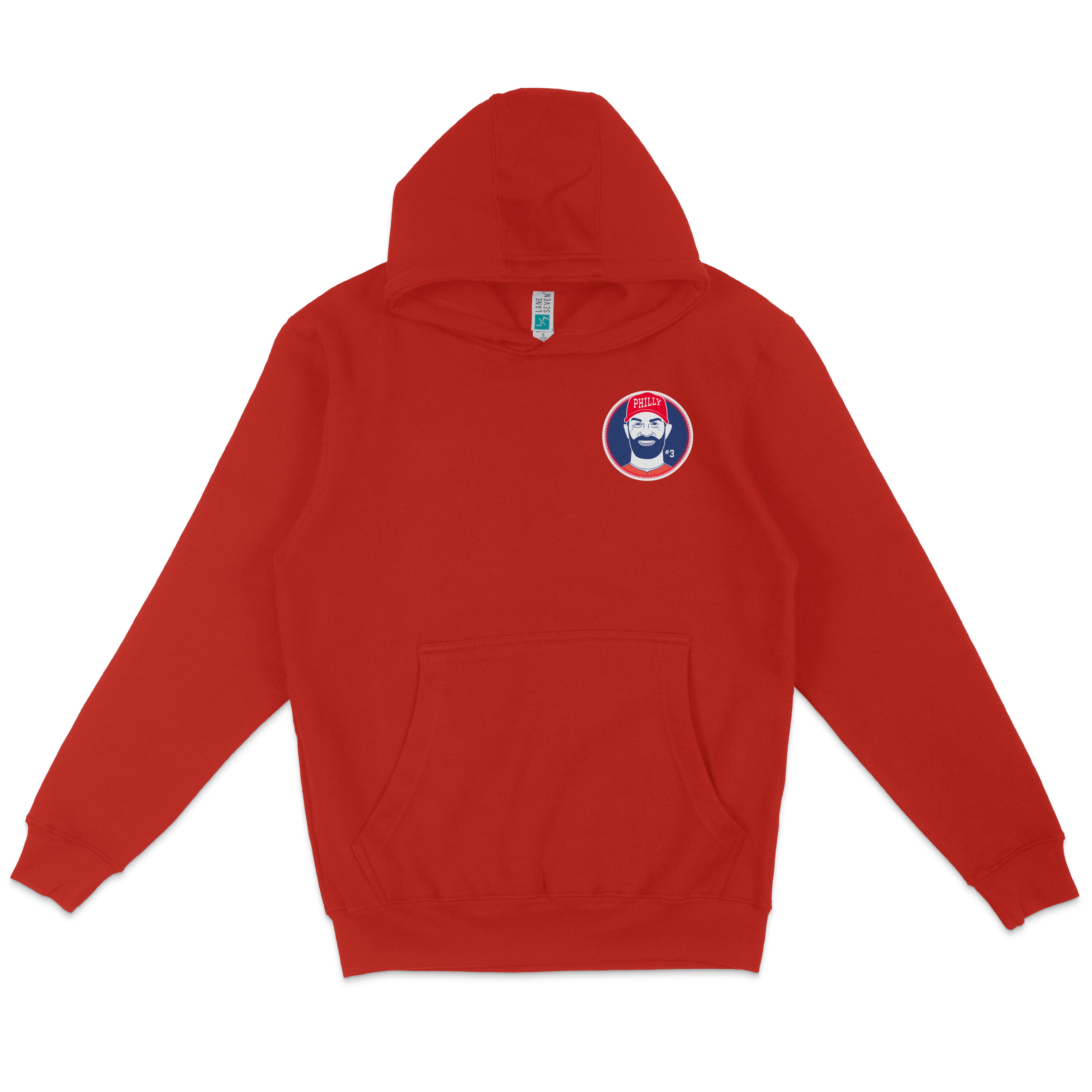 Red Bryce Harper hooded pullover fleece hoodie with a Philadelphia Phillies logo patch on the chest.