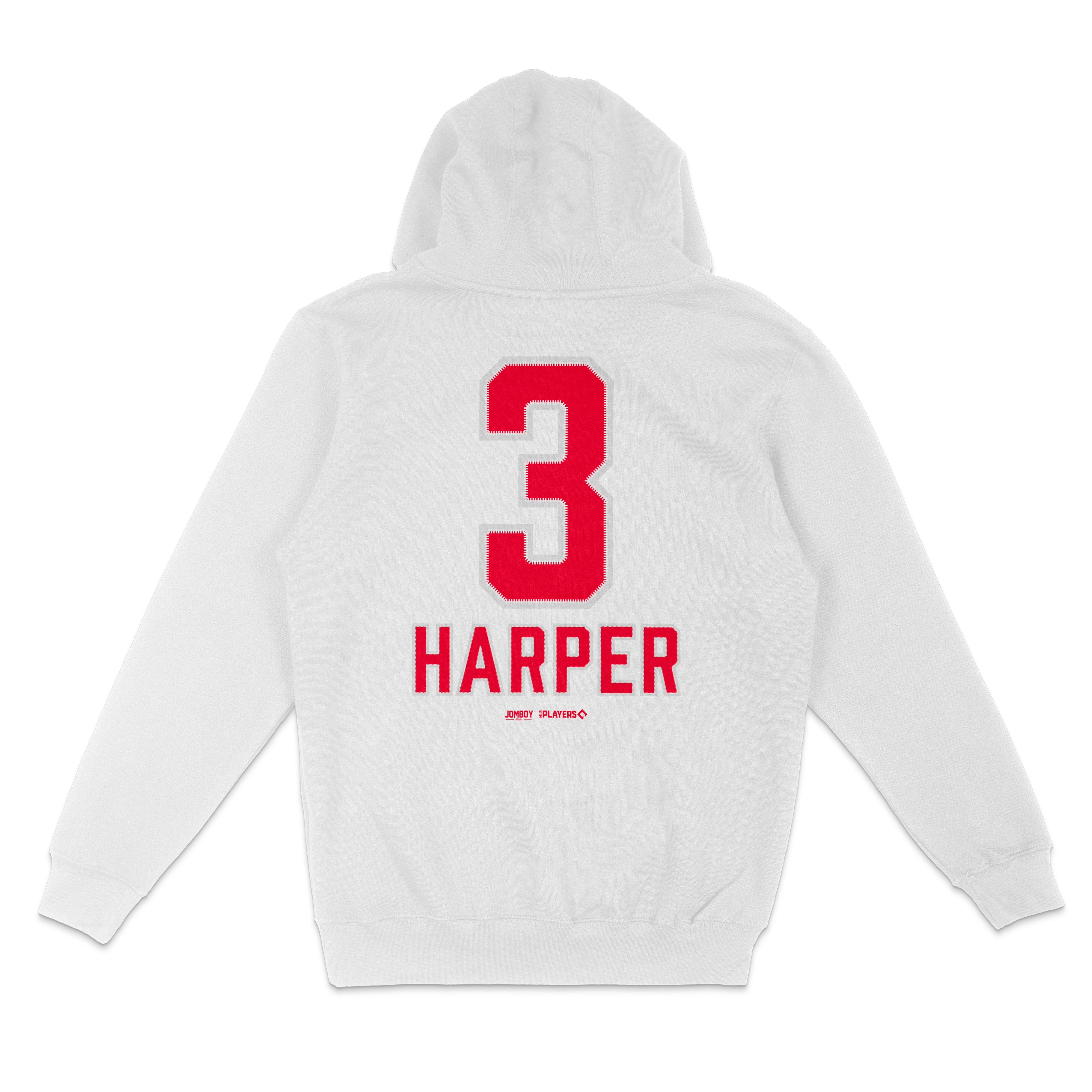 White Bryce Harper pullover fleece hoodie with a large red number "3" and "HARPER" printed on the back.