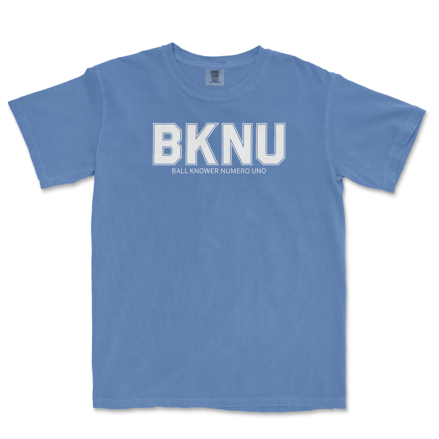 Blue Comfort Colors T-shirt featuring "BKNU" and "Ball Knower Numero Uno" text in white, casual style for fans of the game.