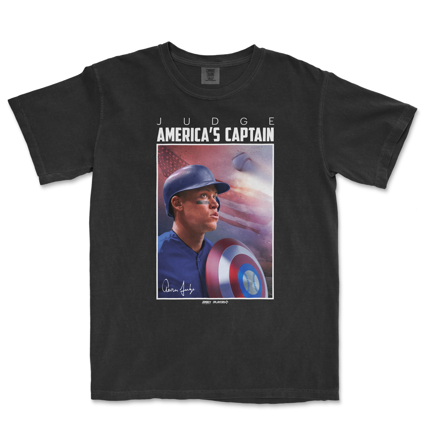 Black Comfort Colors T-shirt featuring a graphic of Aaron Judge in baseball gear, with "America's Captain" and a baseball-themed design.