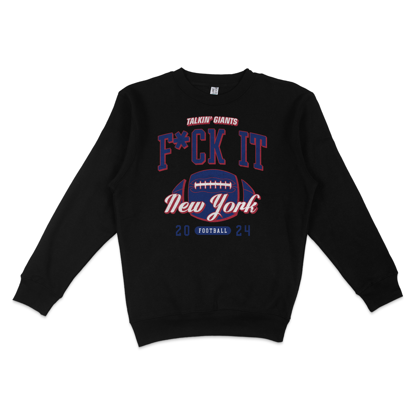 Black crewneck sweatshirt featuring bold text "F*CK IT" and "New York" with football graphic, celebrating 2024 football season.