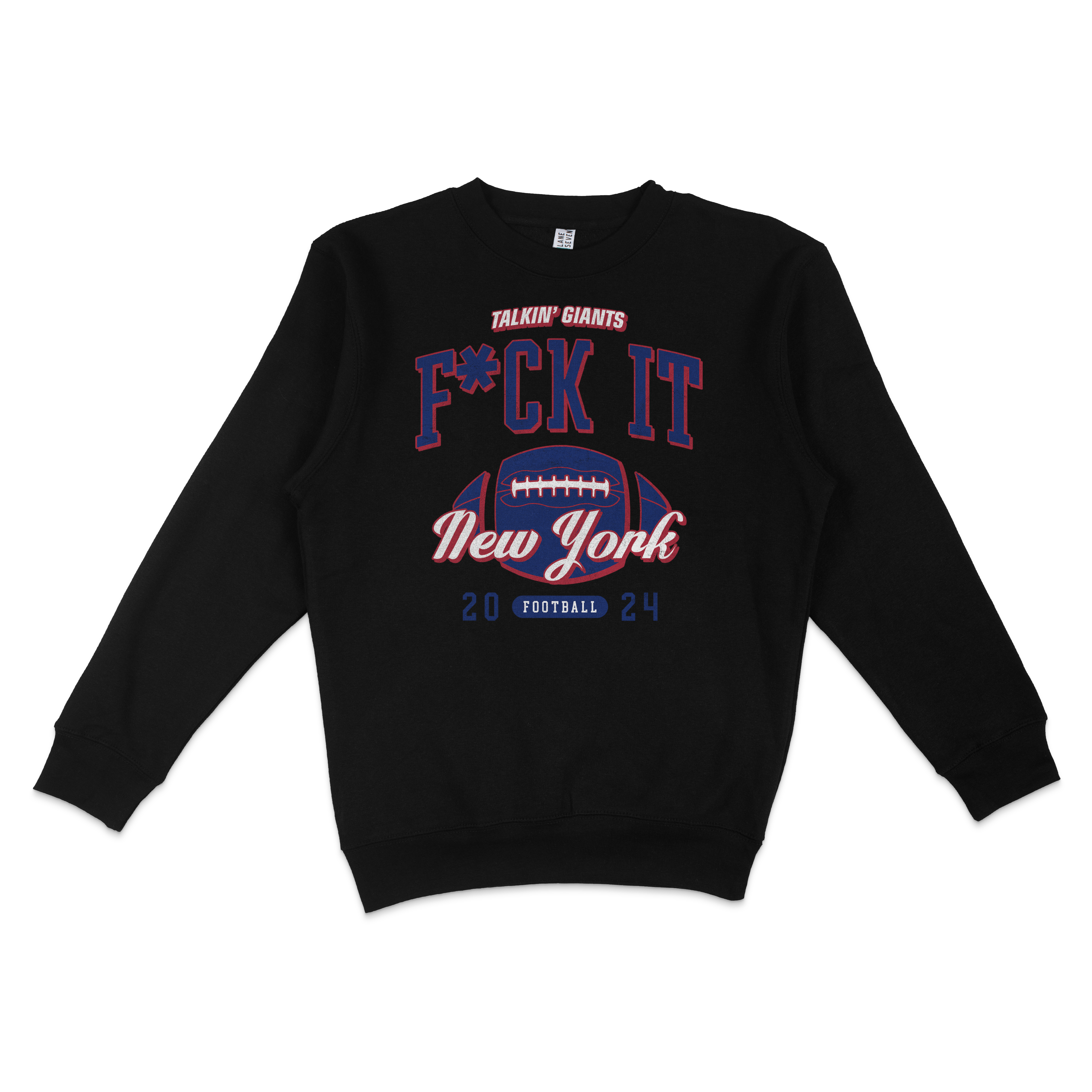 Black crewneck sweatshirt featuring bold text "F*CK IT" and "New York" with football graphic, celebrating 2024 football season.