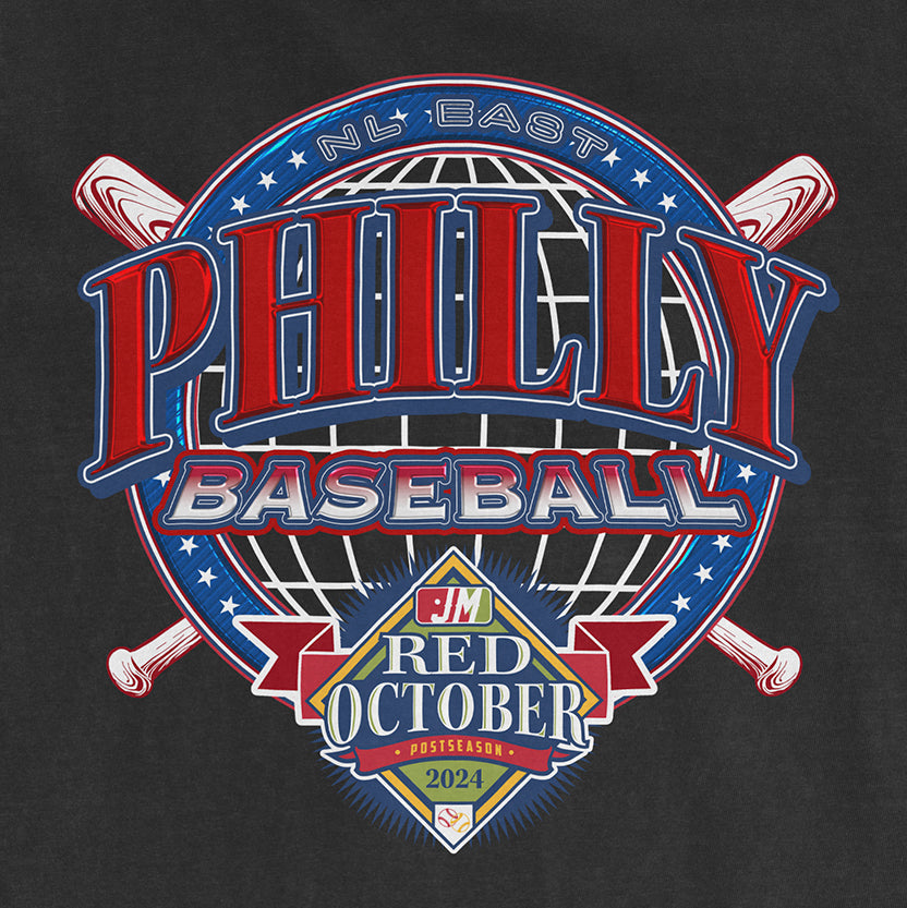 Logo for Philadelphia baseball's Red October postseason 2024, featuring a globe, crossed bats, and bold red and blue text.