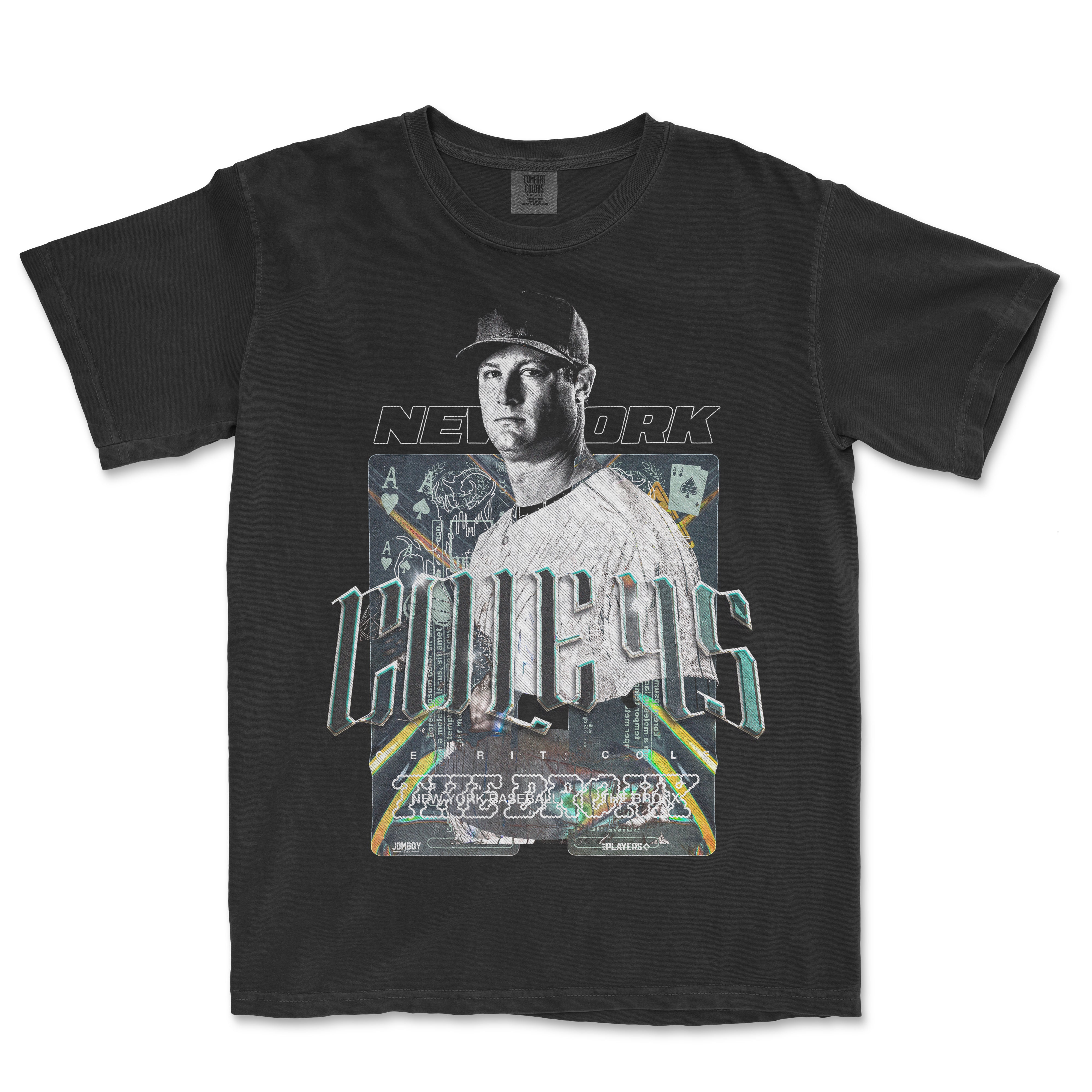 Black Comfort Colors T-shirt featuring a graphic of a baseball player, "CHONE 45," with "NEW YORK" text and colorful design elements.