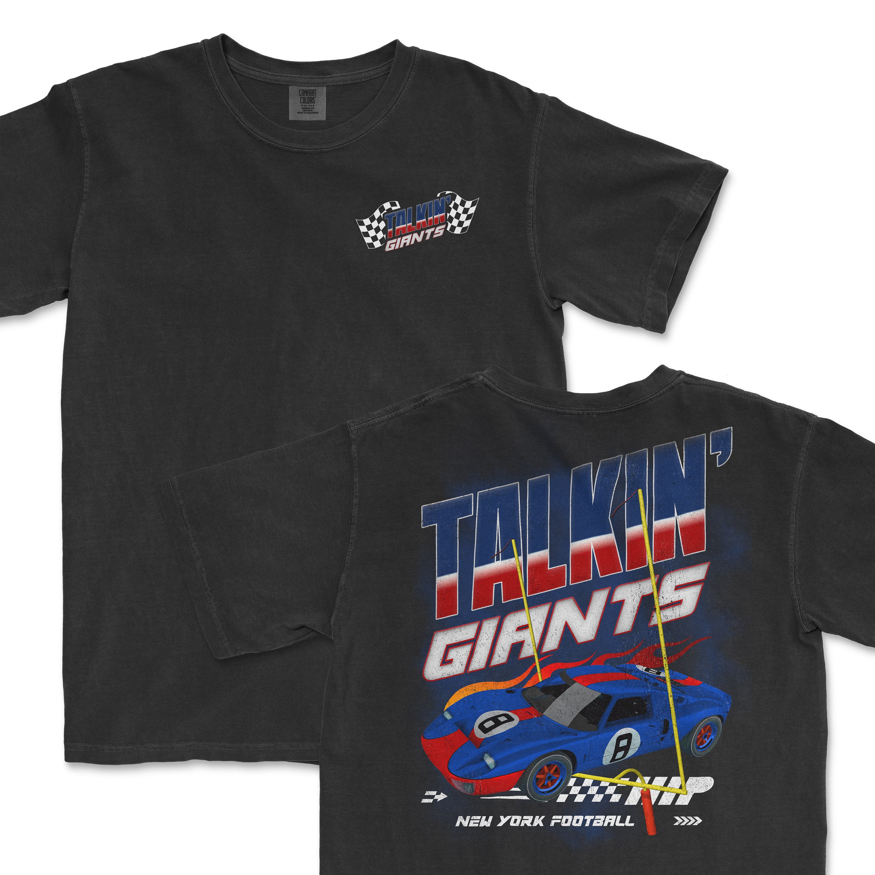 Black Talkin' Giants t-shirt featuring a race car graphic and logo, celebrating New York football with a bold design.