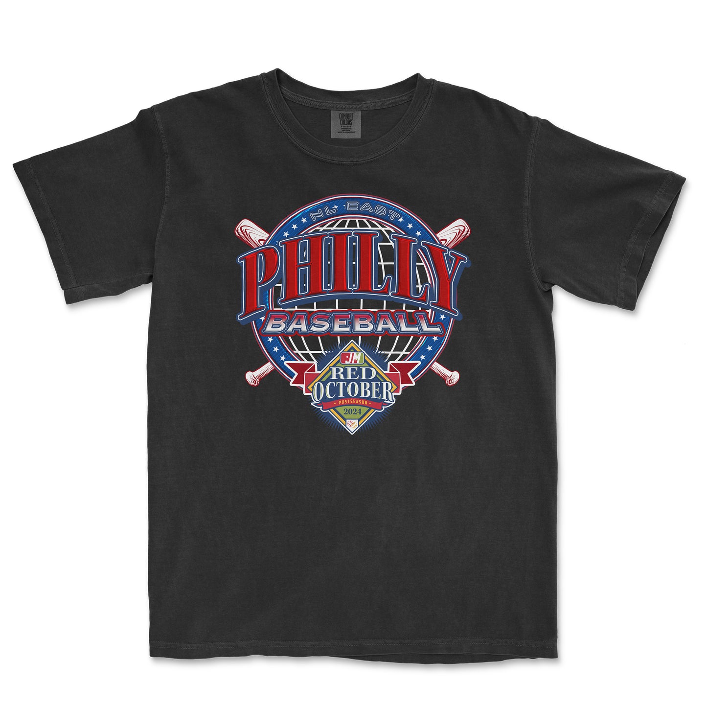 Black T-shirt featuring a colorful graphic design celebrating Phillies baseball, with "Red October" and postseason elements.