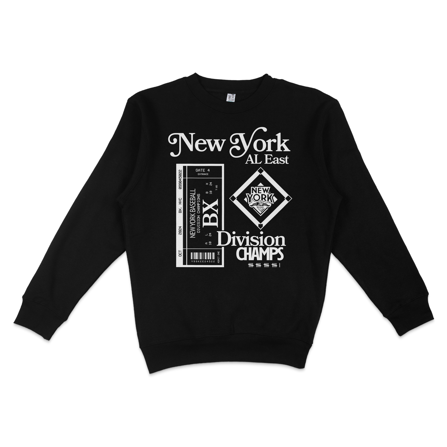 Black crewneck sweatshirt featuring white graphic text and designs celebrating NYY Division Champions, with ticket-style elements.