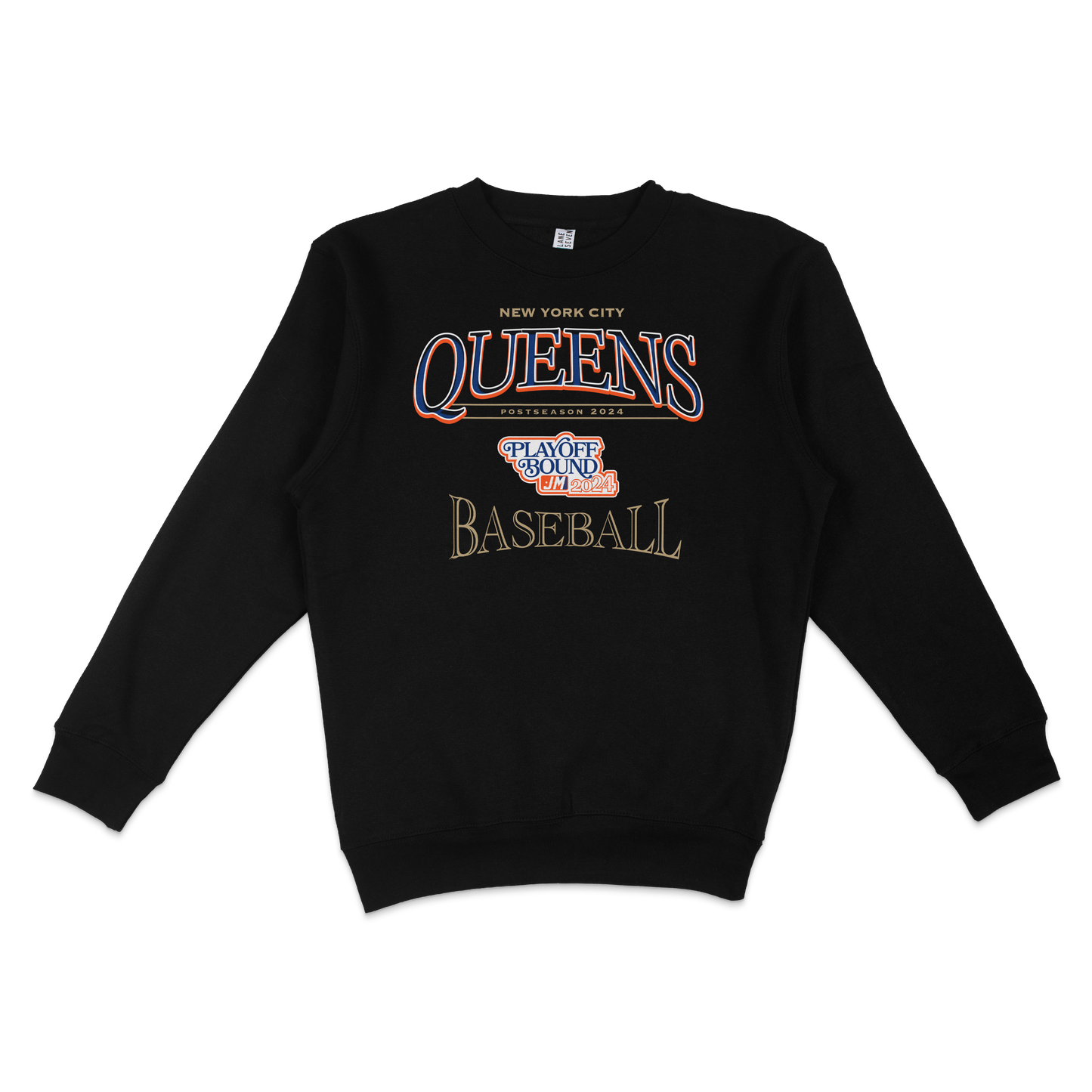 Black crewneck sweatshirt featuring colorful "Queens" text, baseball graphics, and "New York City" and "Playoff Bound 2024" details.
