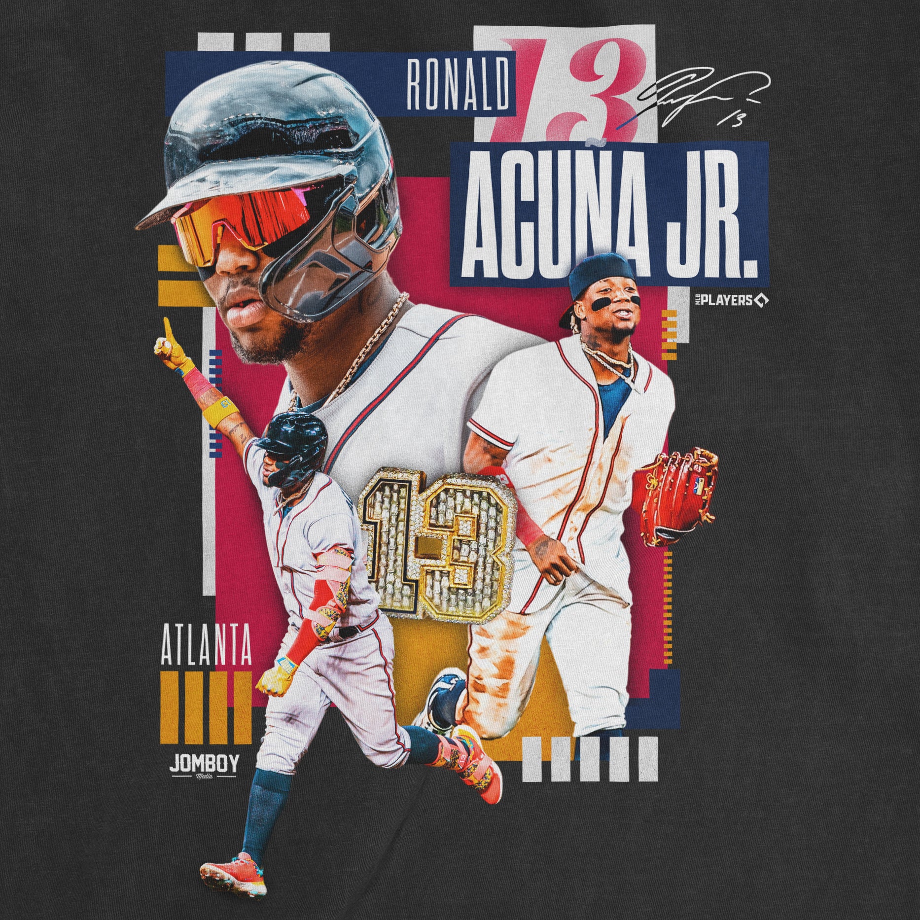 Close-up of a graphic design featuring Ronald Acuña Jr. with multiple images, bold text, and colorful elements celebrating his signature series.